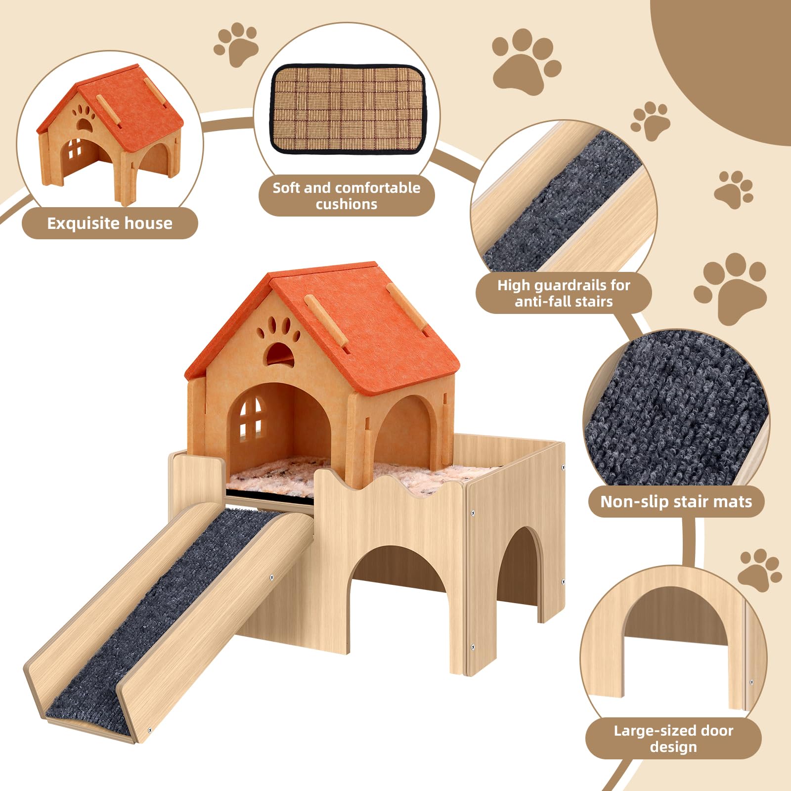 Mittimiya 3-in-1 Meerschweinchen Haus, Hamster Haus aus Holz mit Plattform und Treppe als Versteck, Meerschweinchen Zubehoer Kaninchenhaus für Kleintiere