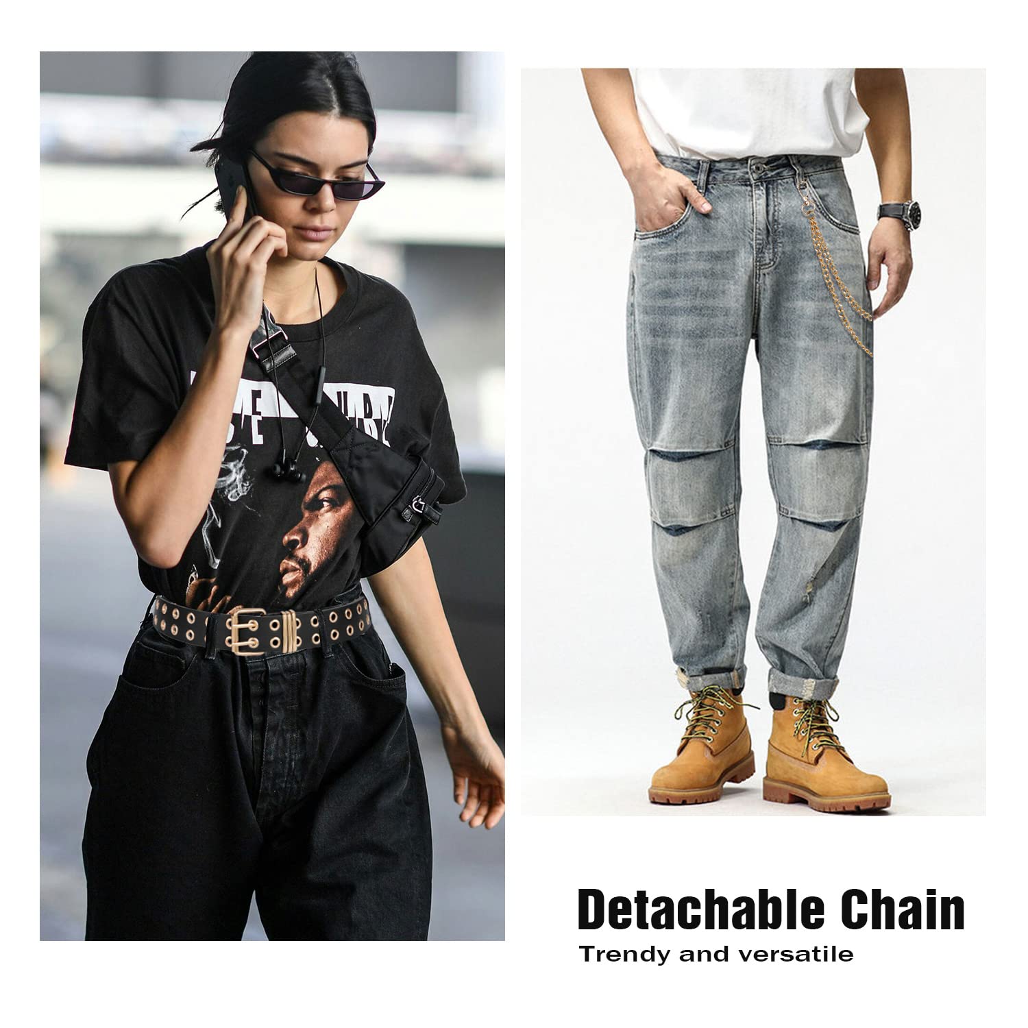 Cinturón de cuero con ojales y cadena desmontable para mujeres y hombres, cinturones de cintura punk rock para pantalones vaqueros, Doble ojal (con cadena dorada) 5