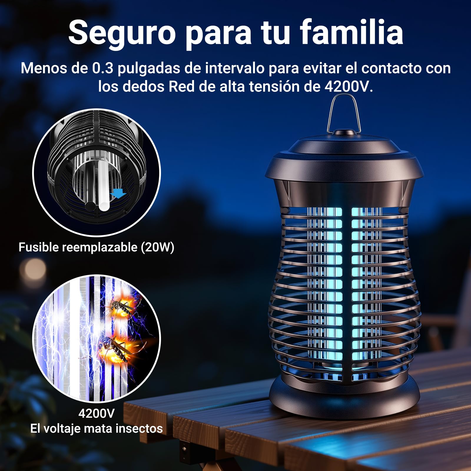 Lámpara Antimosquitos, 4200V 20W UV Mata Mosquitos Eléctrico, Trampa para Interior y Exterior Impermeable IPX4. Actúa como Repelente Mosquitos para Jardín, Terraza y Casa.