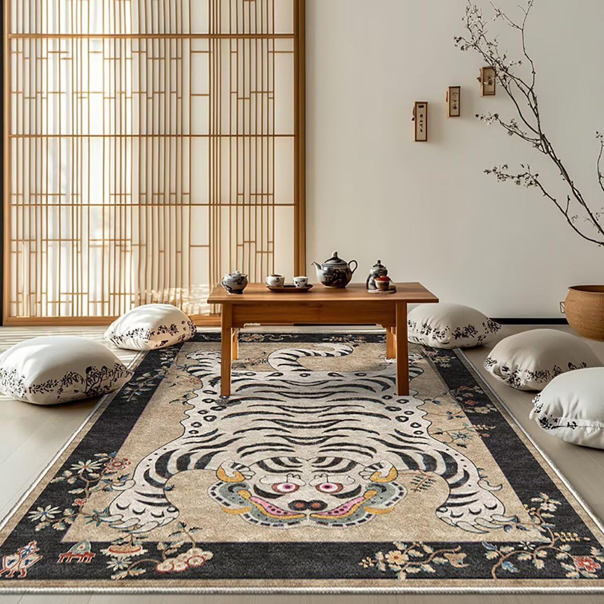 Tibetan Tiger Rug for Entryway 2x3 ft Boho Black Tiger Area Rug