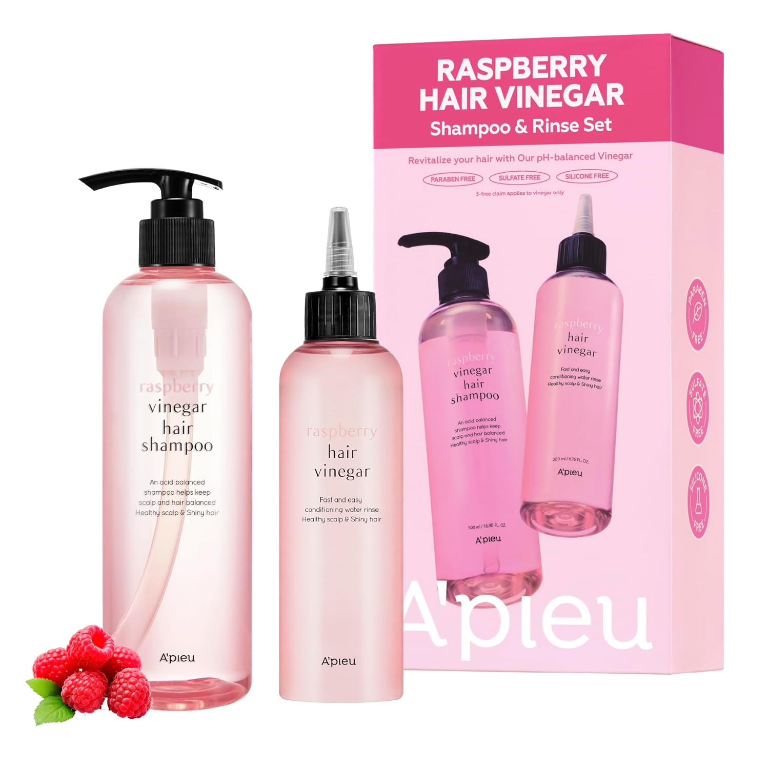 A’PIEU Raspberry Vinegar Hair Care Set – Shampoo (16.9 fl oz) + Hair Vinegar Rinse (6.76 fl oz) | Clarifying & pH Balancing Scalp Treatment, Removes Buildup, Soothes & Refreshes, Korean Hair Care - Amazon product rated Grade A
