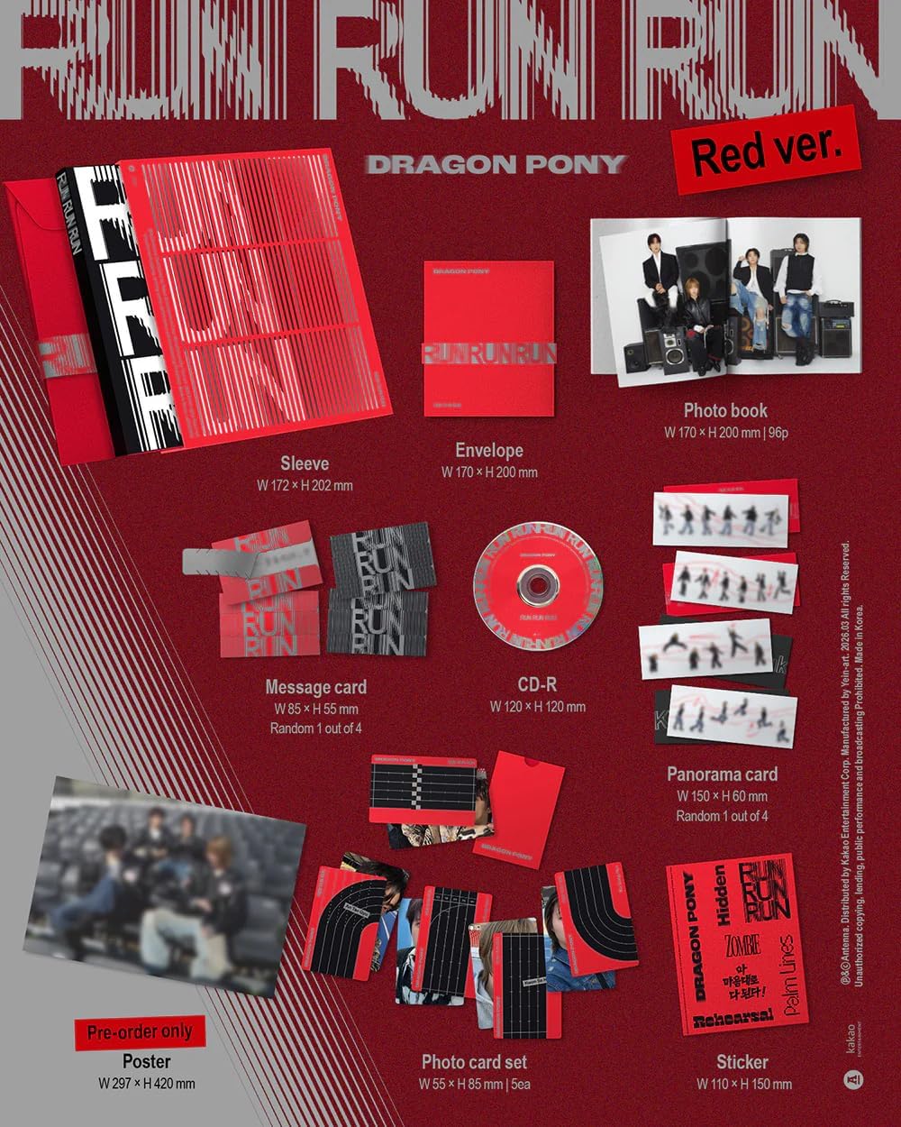 Dragon Pony RUN RUN RUN 3rd EP Album [Red Ver.] Photobook + CD + Photocard Set + Panorama Card + Message Card + Sticker