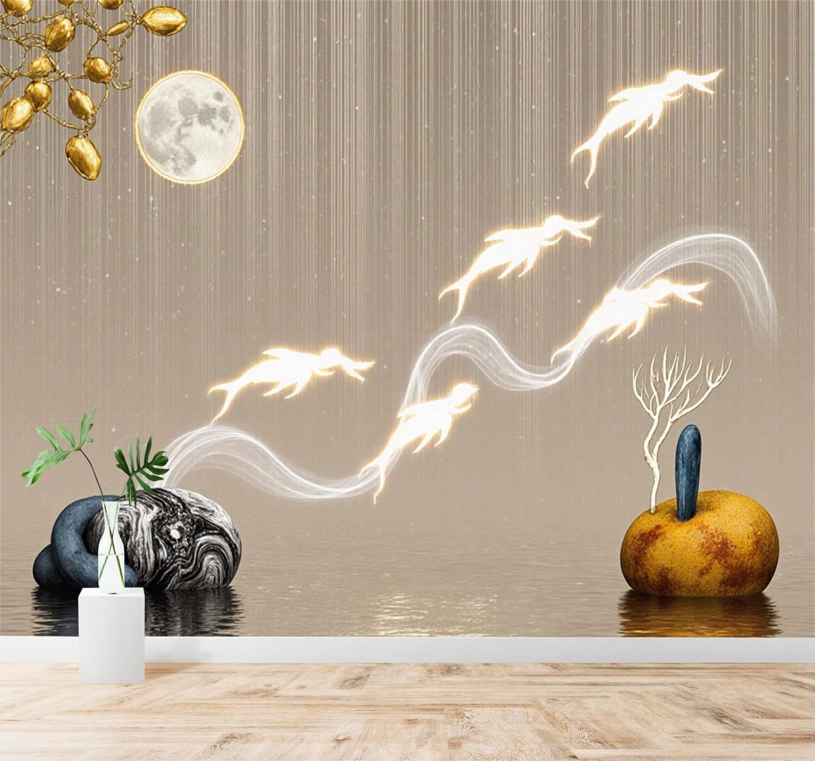 Tzxztt Abstract Golden Fish Moon Water Reflection Art Modern 3D Wallpaper Premium Textured Silk Neutral Tones Material Ideal for Living Room Bedroom-350cm×256cm