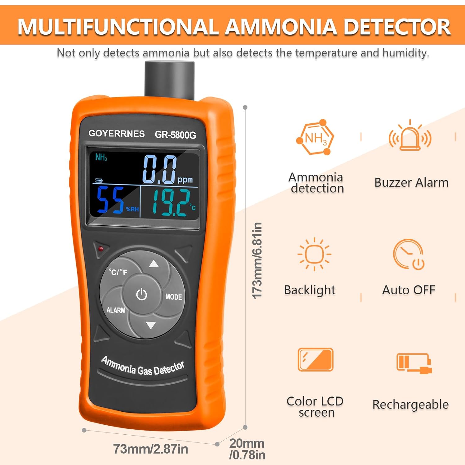 GOYERRNES GR-5800G Ammonia Gas Detector displaying 0.0 ppm NH3, 55% RH, and 19.2°C, with text indicating a measuring range of 0-100 PPM, resolution of 0.1 PPM, and accuracy of ±2%.