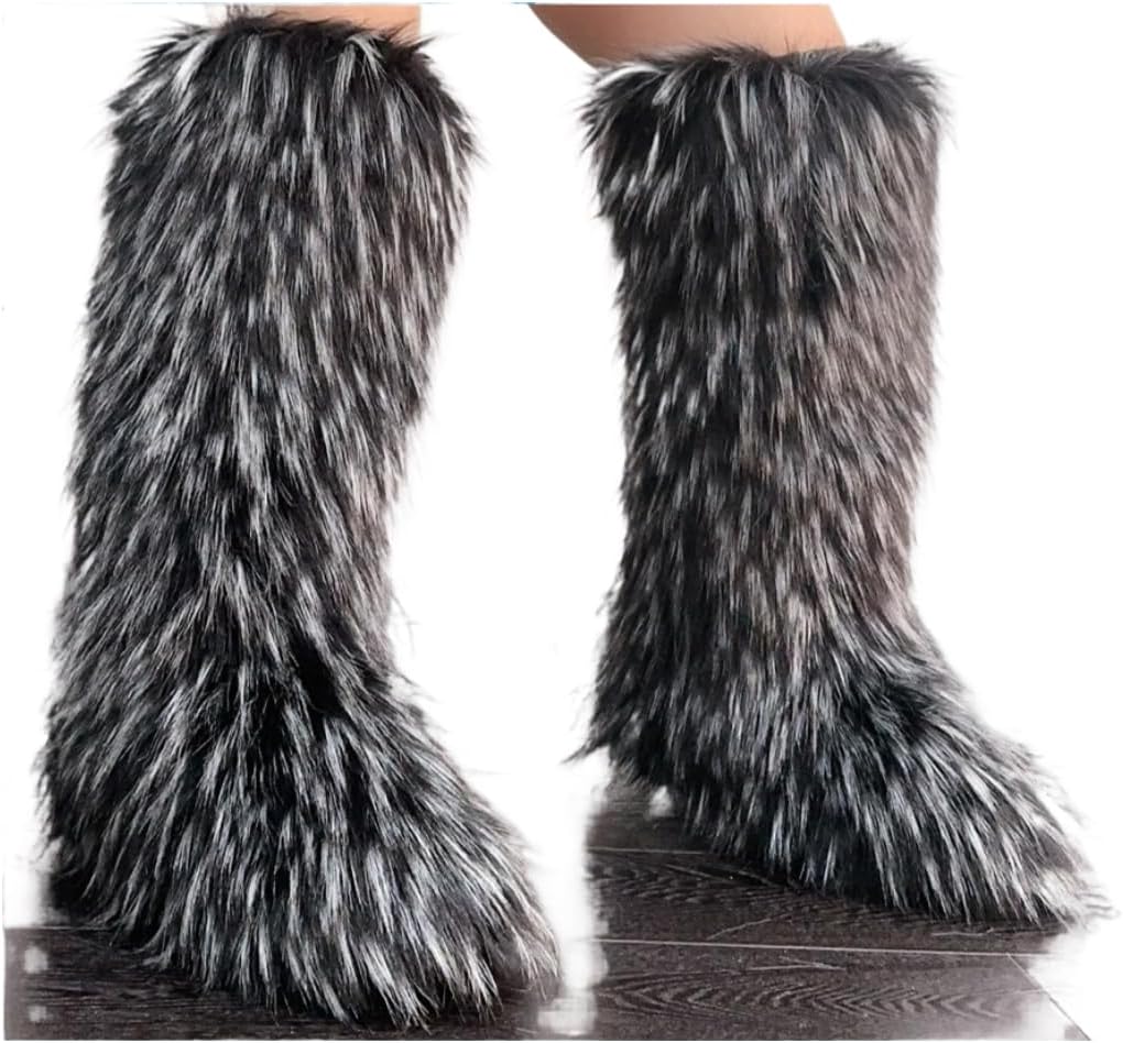 Rave Thigh High Faux Mongolian Fur Boots Y2K for Women, Warm Fluffy Fuzzy Snow Winter Boots Over the Knee, Goth Emo Grunge Cute Fahsion Trendy, EDM Festivals Concert Parties Club, Christmas New Year.