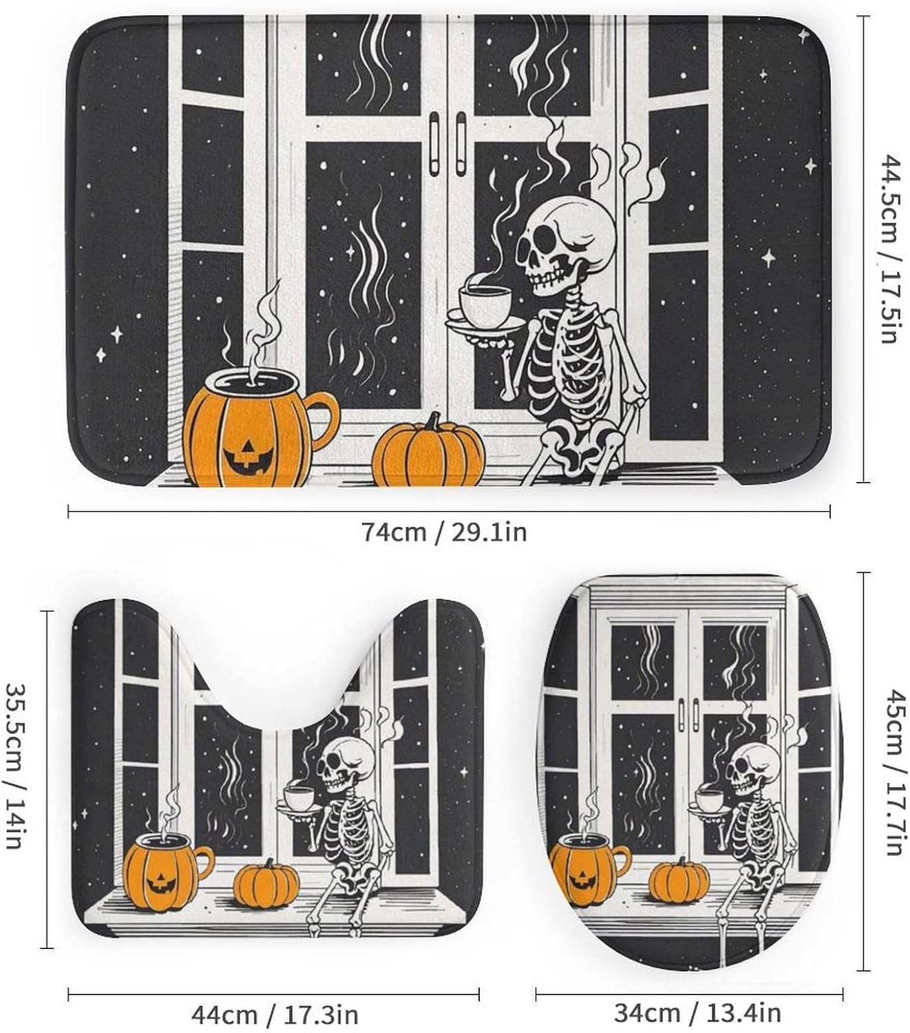 Windowsill Coffee Shower Curtain Set 4 Piece, Non-Slip Bath Mat with Toilet Lid Cover and Waterproof Shower Curtain with 12 Hooks, Complete Bathroom Set for Home Decor