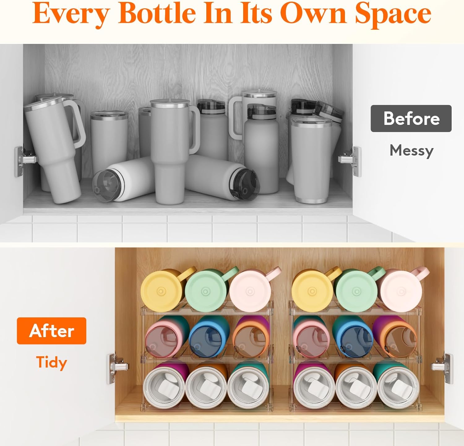 Lifewit Stackable Bottle Storage Organizer, Clear Freestanding Wine Holder for Cabinet, Large Slot Water Bottle Tumbler Cup Organizer for Pantry, Plastic Wine Rack for Fridge Cellar, 3Tier Hold 9 - Image 7