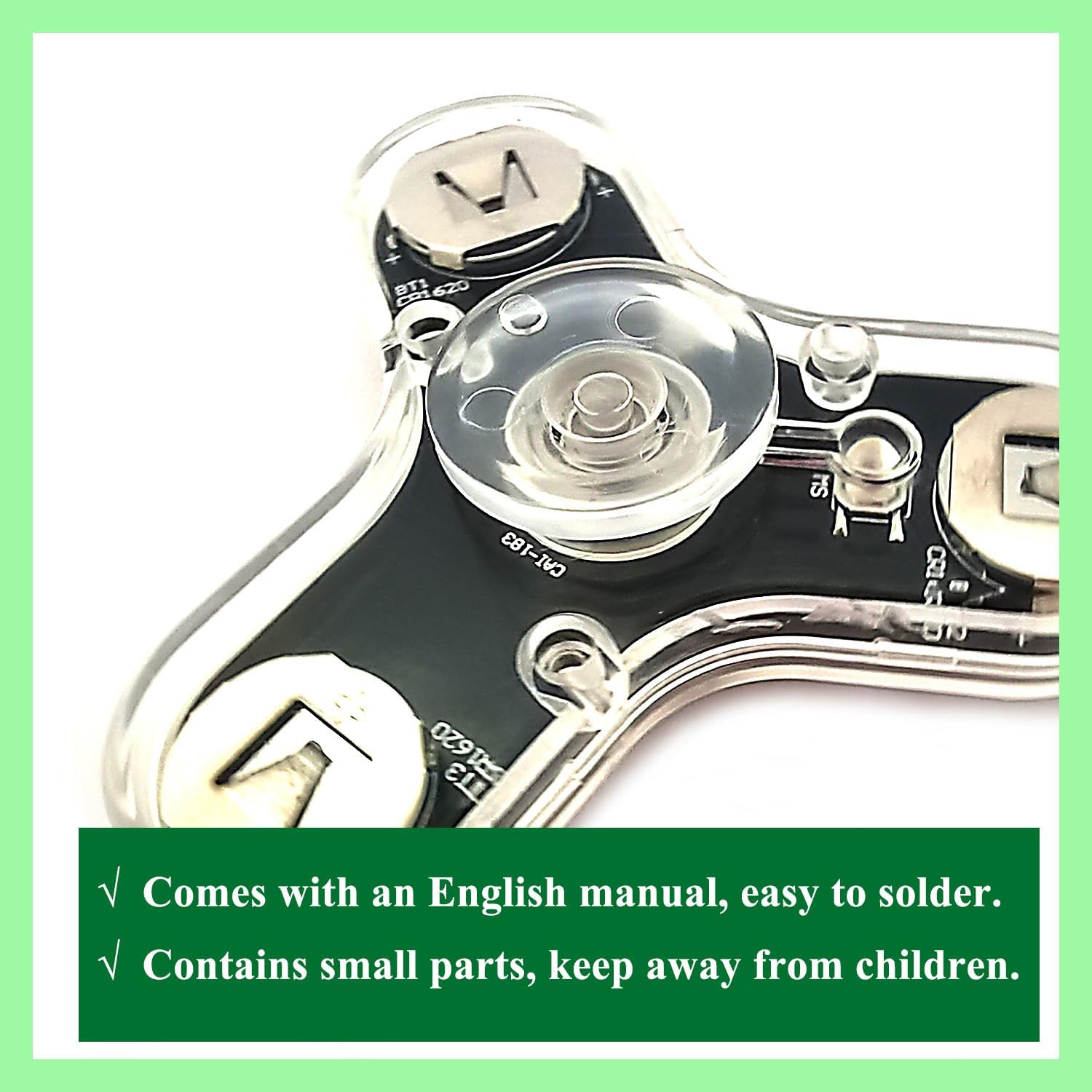 Image showing text 'Comes with an English manual, easy to solder. Contains small parts, keep away from children.'