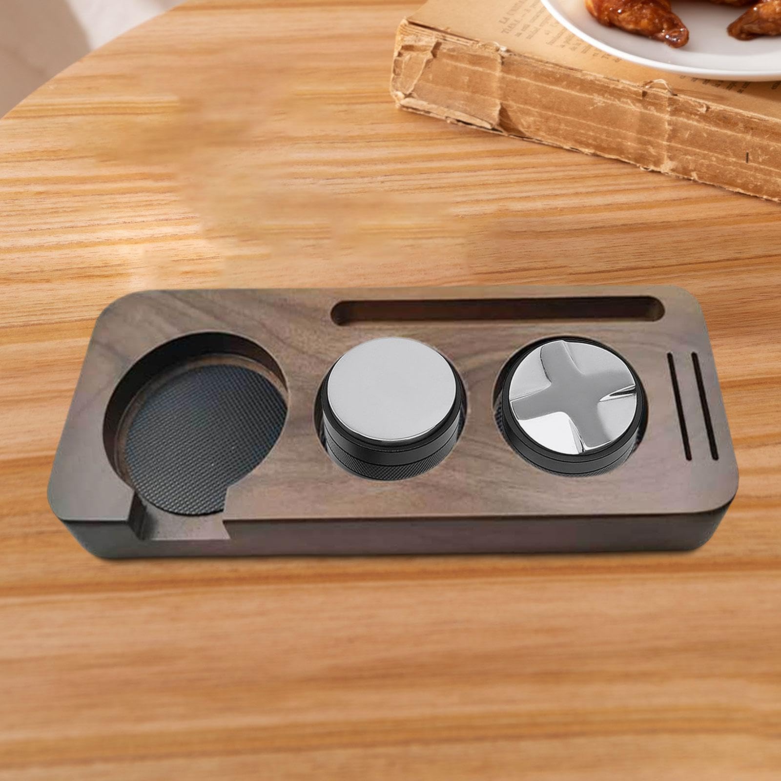 Estación de de Café de Madera para Portafiltros Y Dispensador de Espresso con Tapete de Silicona, Almacenamiento de Cucharas Y Accesorios, Ad, Nogal de 58 mm, Individual