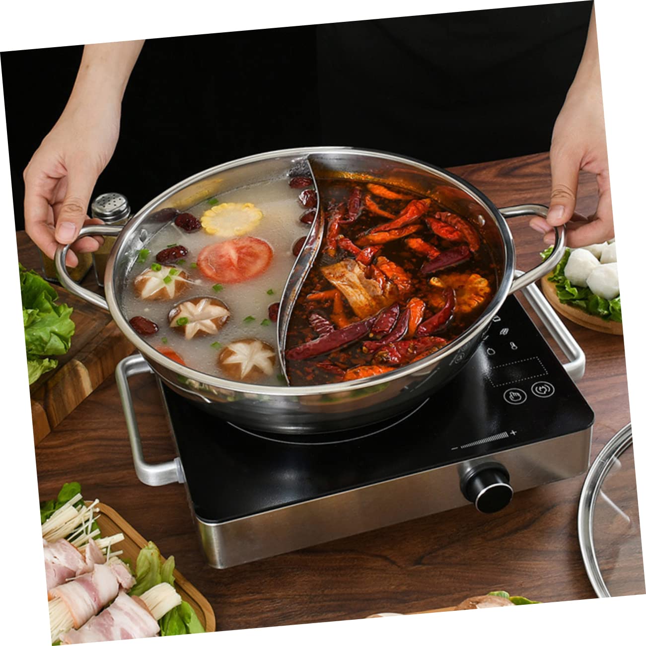 GRIRIW Hot Pot Set Double Flavor Pot Lightweight Soup Cooking Pot Spoon Colander