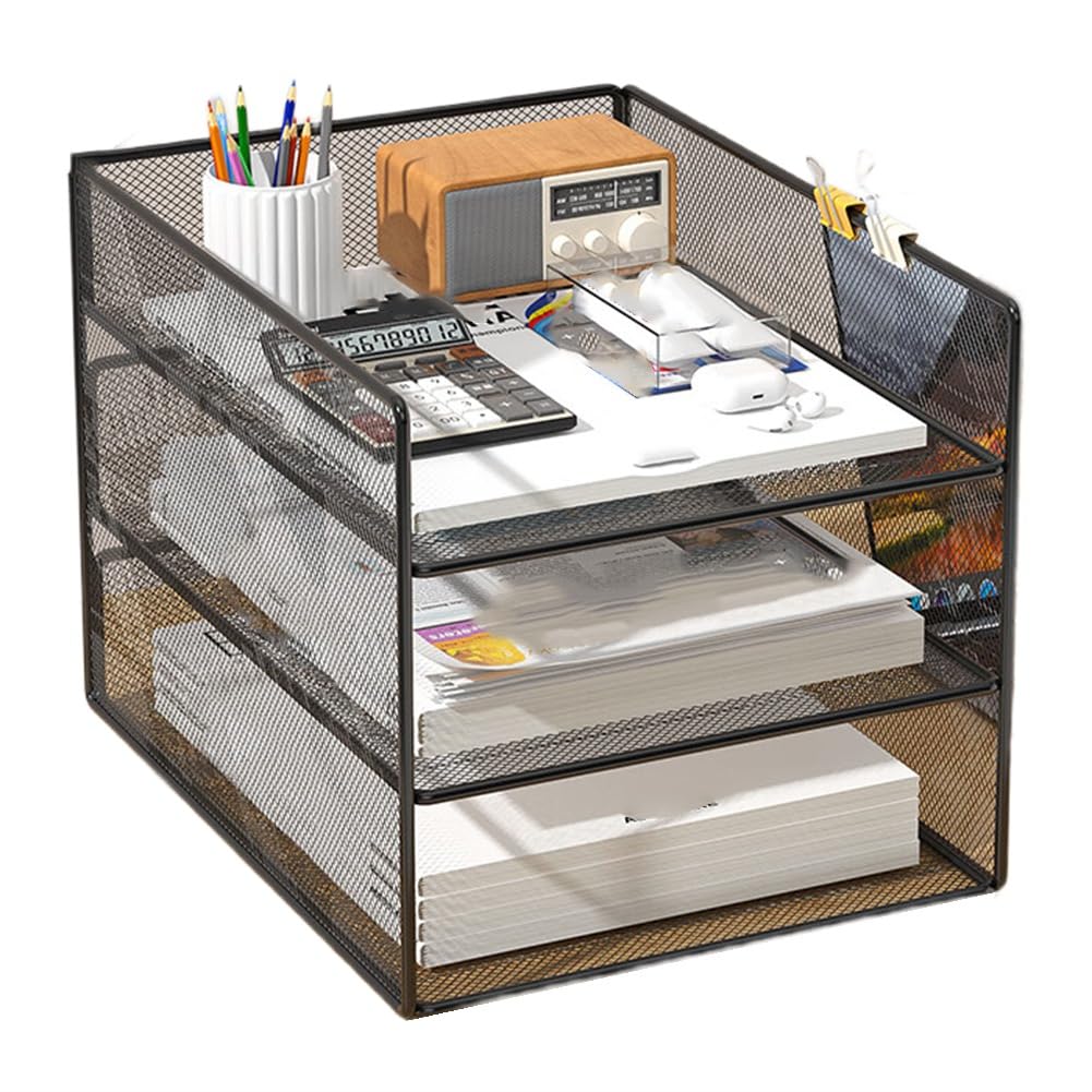 Osmond Metal Mesh Office File Organizer with Three-Layer Design Desk Organizer Multifunctional File Holder Storage Rack Black