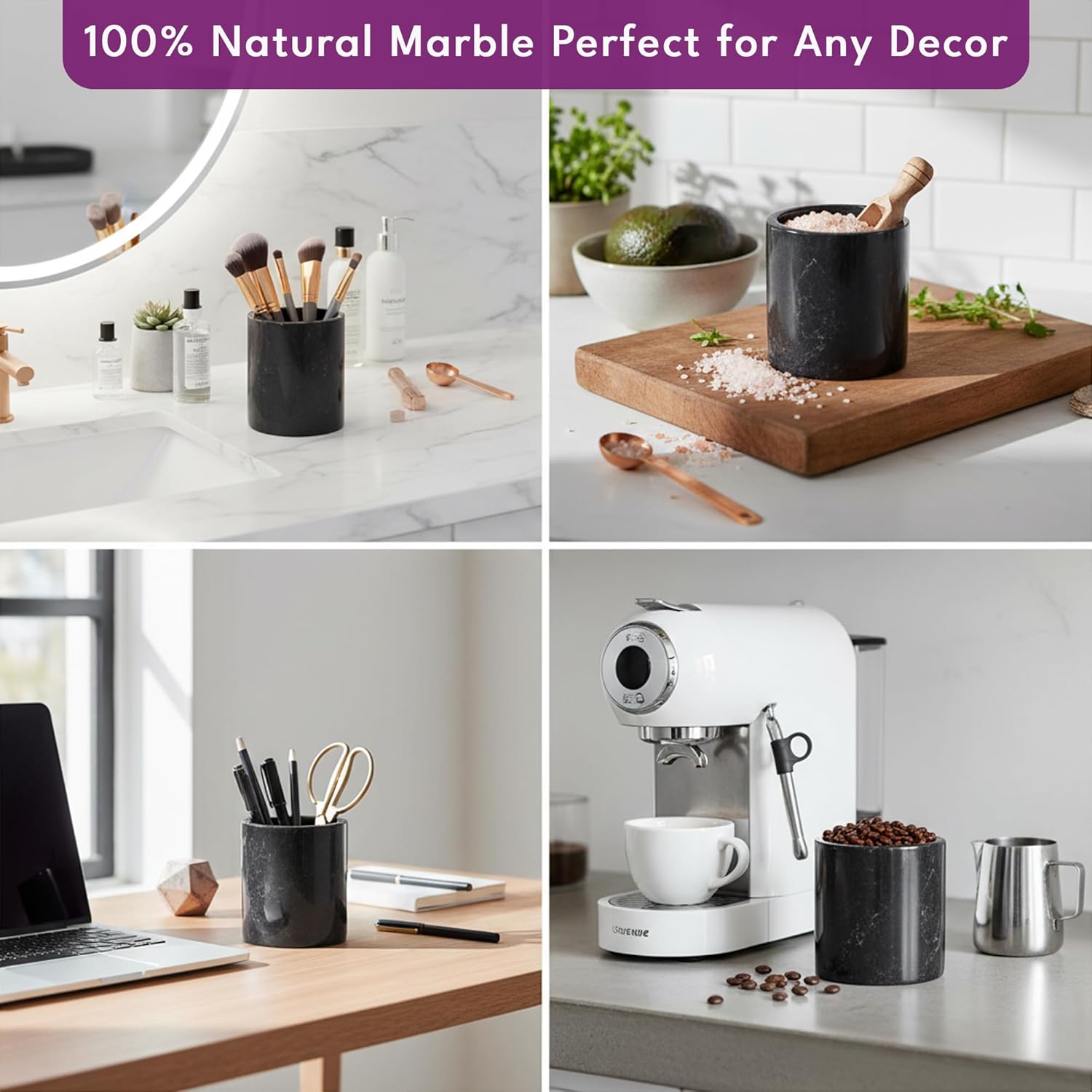 Marble Canister with Lid Natural Black Qtip Holder for Cotton Swabs, Balls, Pads, Floss Picks, Bath Salts - Vanity Makeup Storage Organizer Bathroom Essentials Accessories Decor