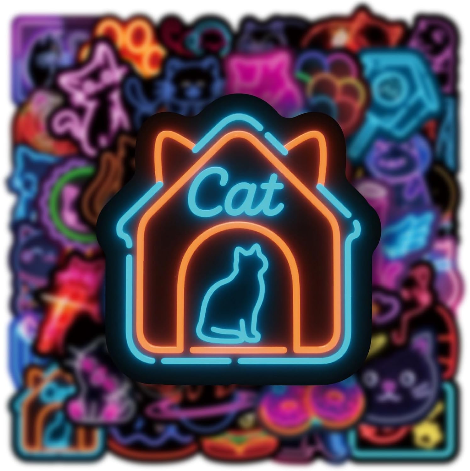 50Pcs Cute Neon Cat Stickers, Neon Cat Decals for Water Bottle, Vinyl Waterproof Laptop Decal for Teens Girls Boys, Students Adults Sticker Pack image 2