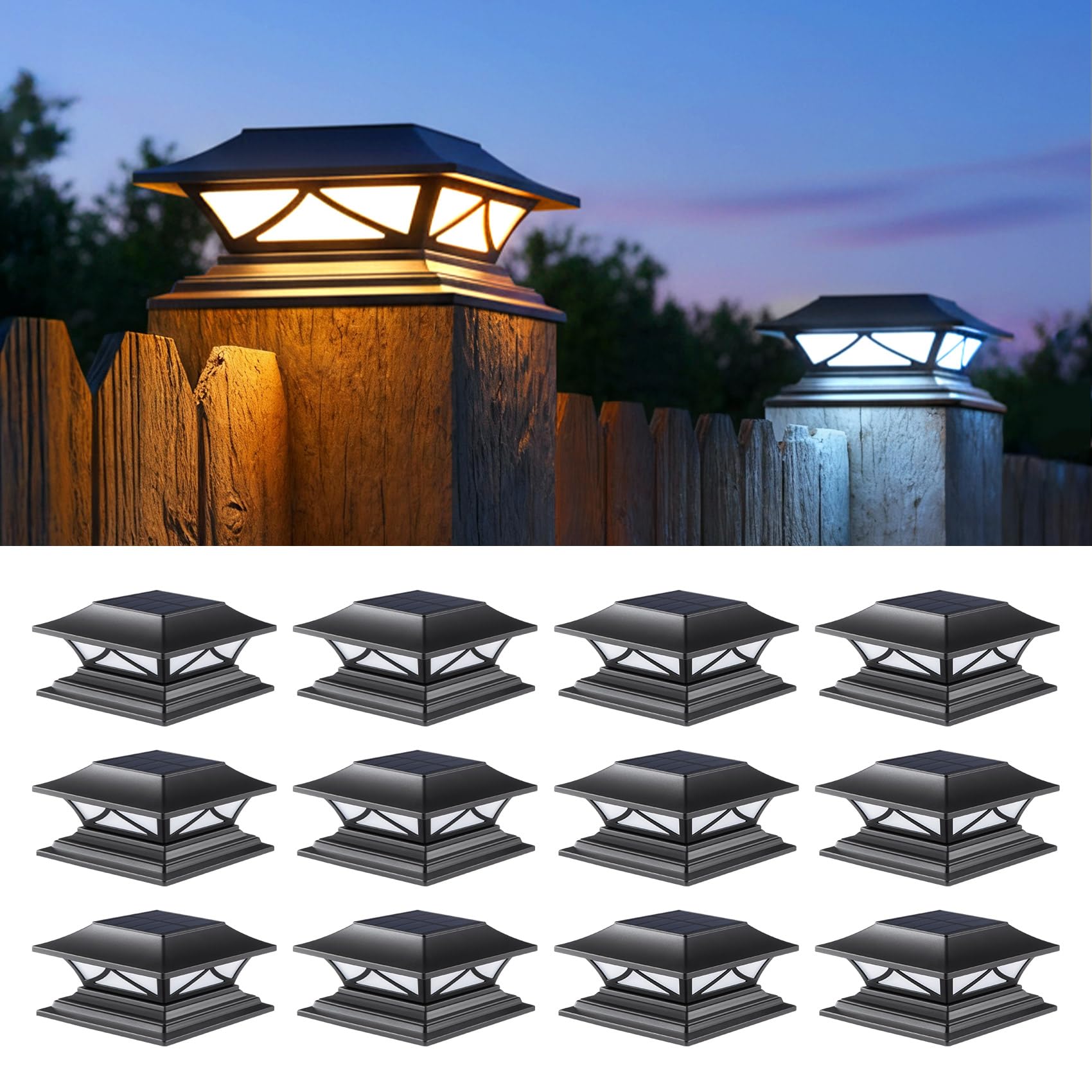 PASAMIC 12 Pack Solar Post Cap Lights, Waterproof Outdoor Lights for 4x4 5x5 6x6 Wood Posts, Fence Post Solar Lights with 2 Color Modes for Garden, Deck, Patio, Porch, Fence