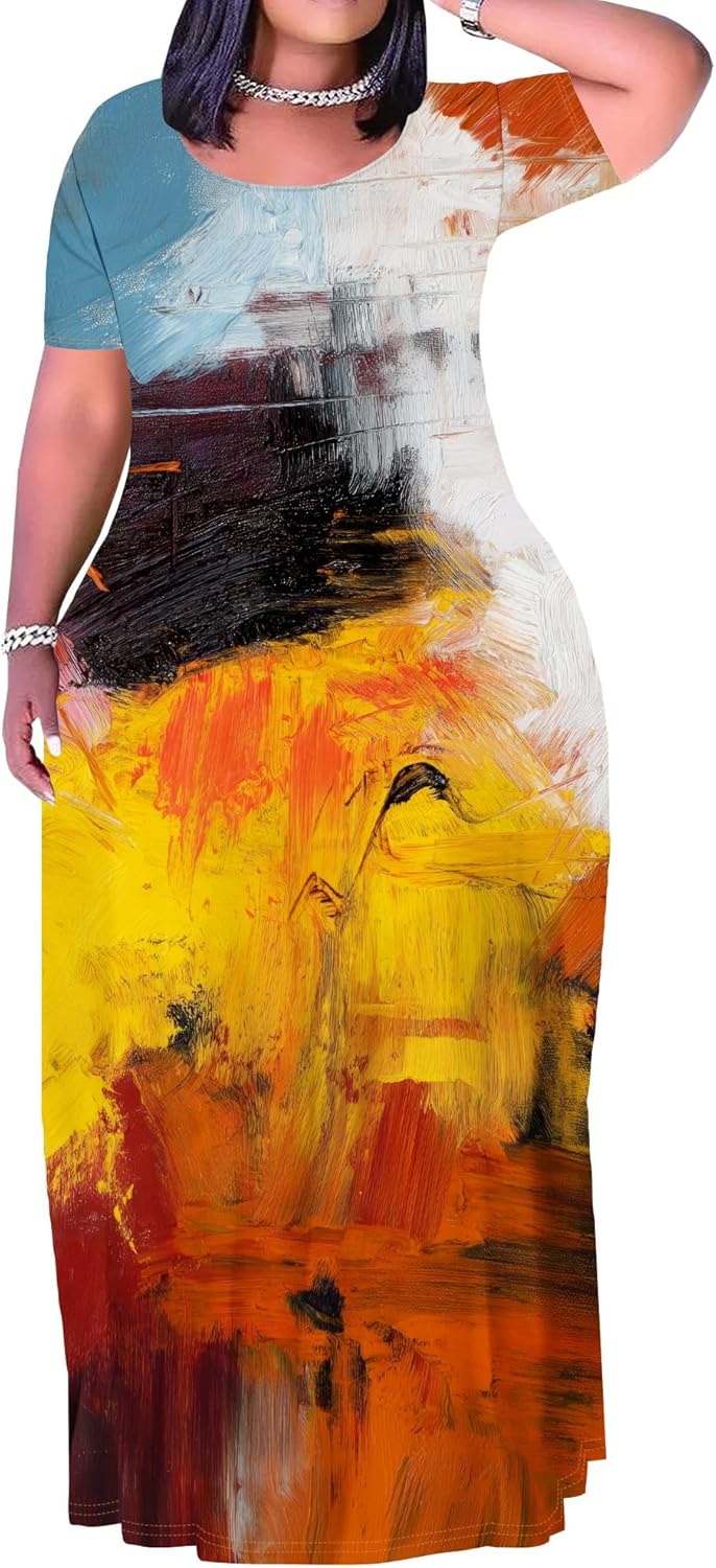 Plus Size Dress for Women Casual Crew Neck Short Sleeve Maxi Dress Oversized Summer Beach Dresses with Pockets