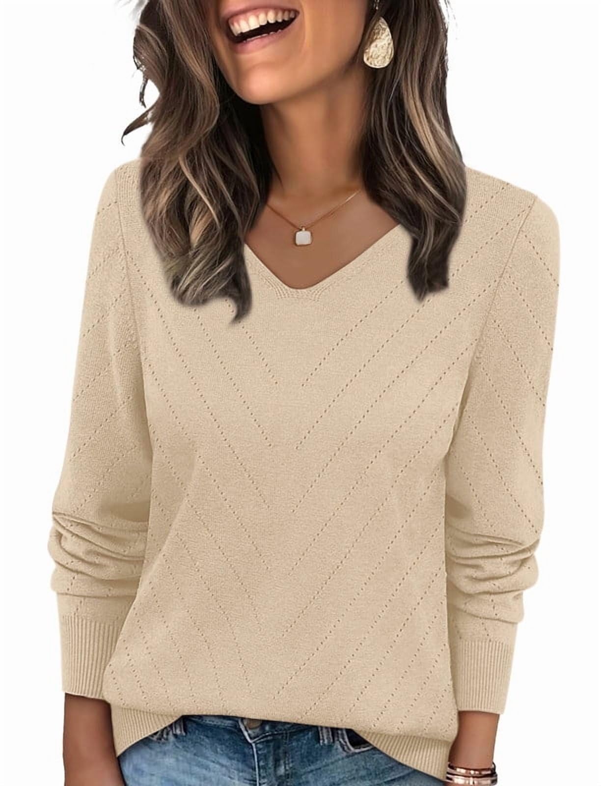 Ronuti Sweaters for Women V Neck Long Sleeve Casual Fall Tops Crochet Knit Lightweight Pullover Fashion Clothes 2025