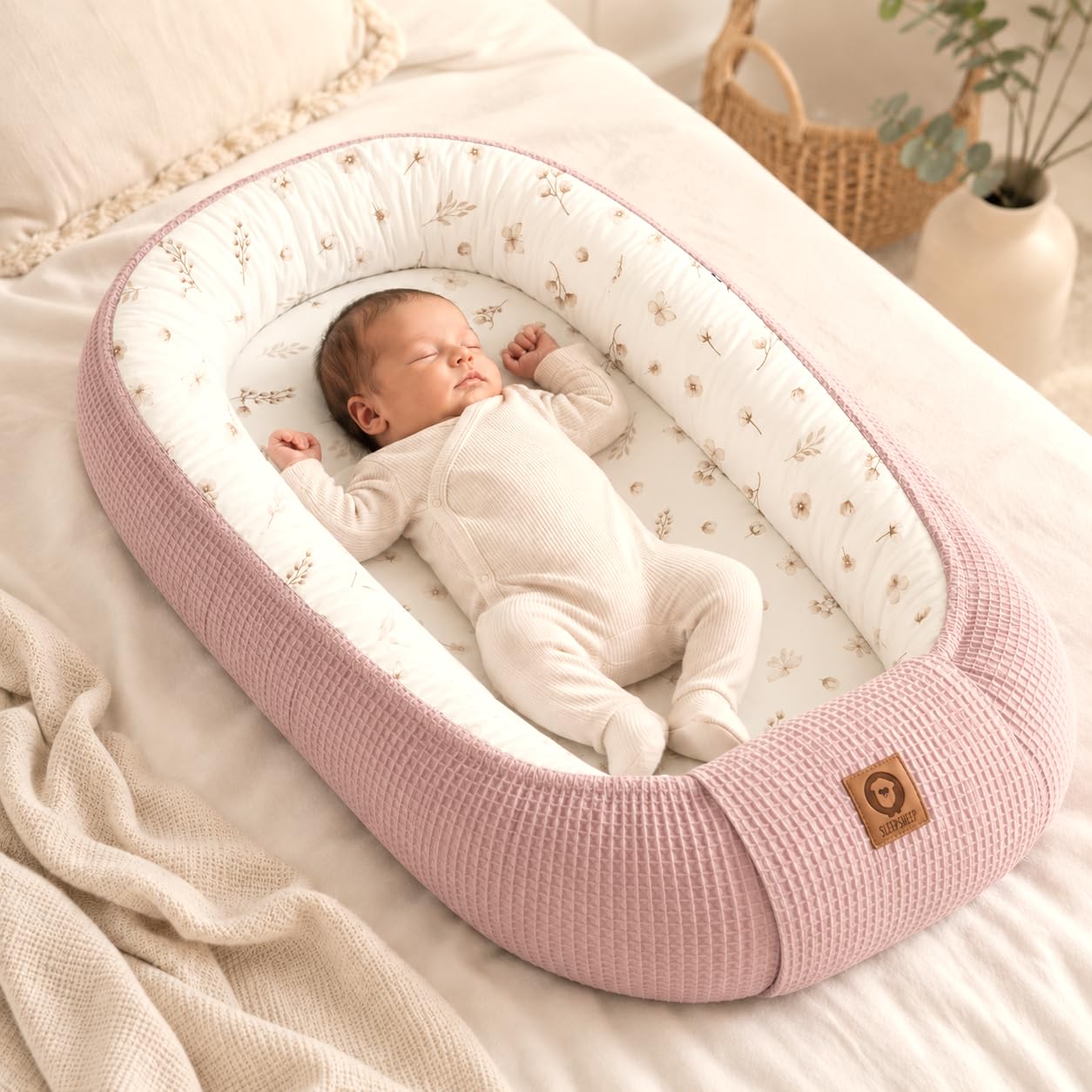 Babynestchen Neugeborene – Nestchen Baby aus Waffel Baumwolle & Baumwollstoff – Babynest für Babybett & Kinderbett – Baby Kokon Tragbar – OEKO-TEX zertifiziert – Zubehör für Babybett - Tauwiese + Rosa