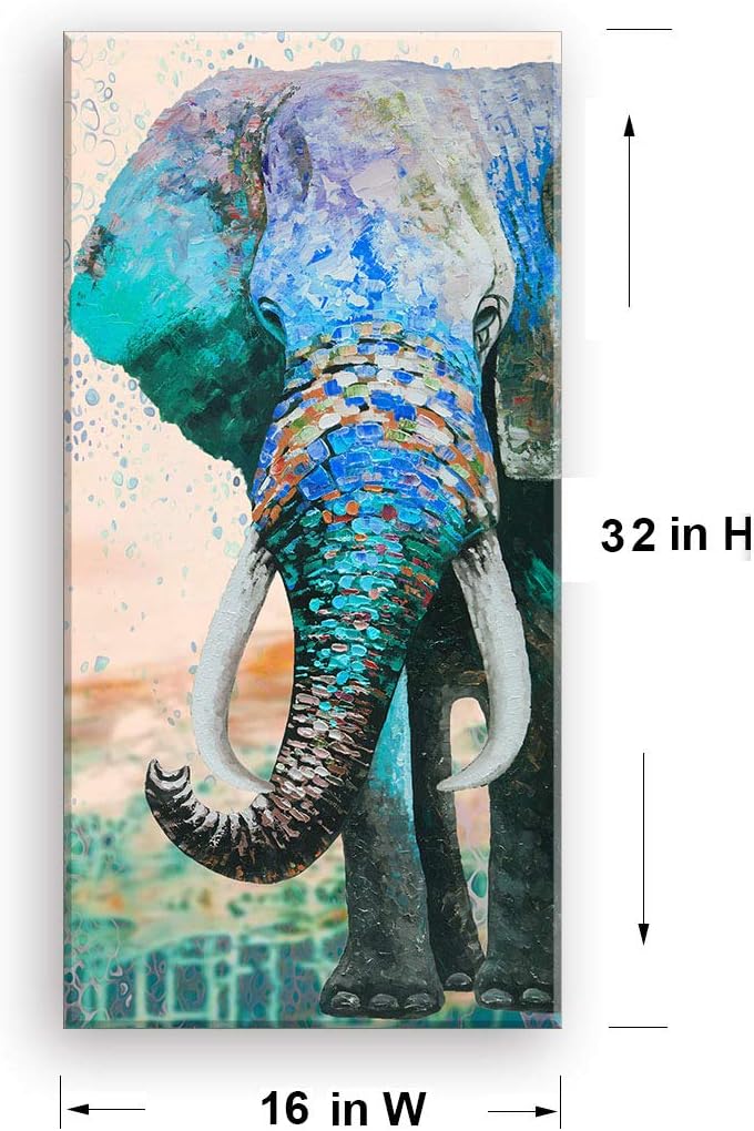 Home Wall Art Dcor of The Hand-Painted Elephant, African Animals Graphic Artwork Painting Print for Wall Decor(Waterproof Artwork, Bracket Mounted Ready to Hang) Blue 32 in x 16 in (1 panel)