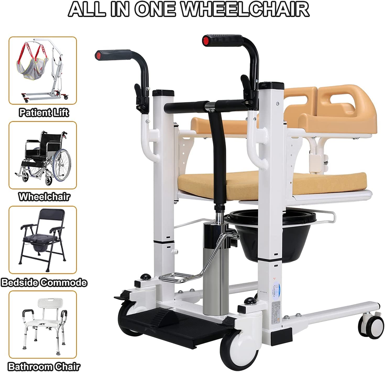 Przenośna hydrauliczna podnośnik do przenoszenia pacjenta z dzielonym siedzeniem 180° i leżakiem toaletowym przy łóżku do opieki domowej wspomagania mobilności