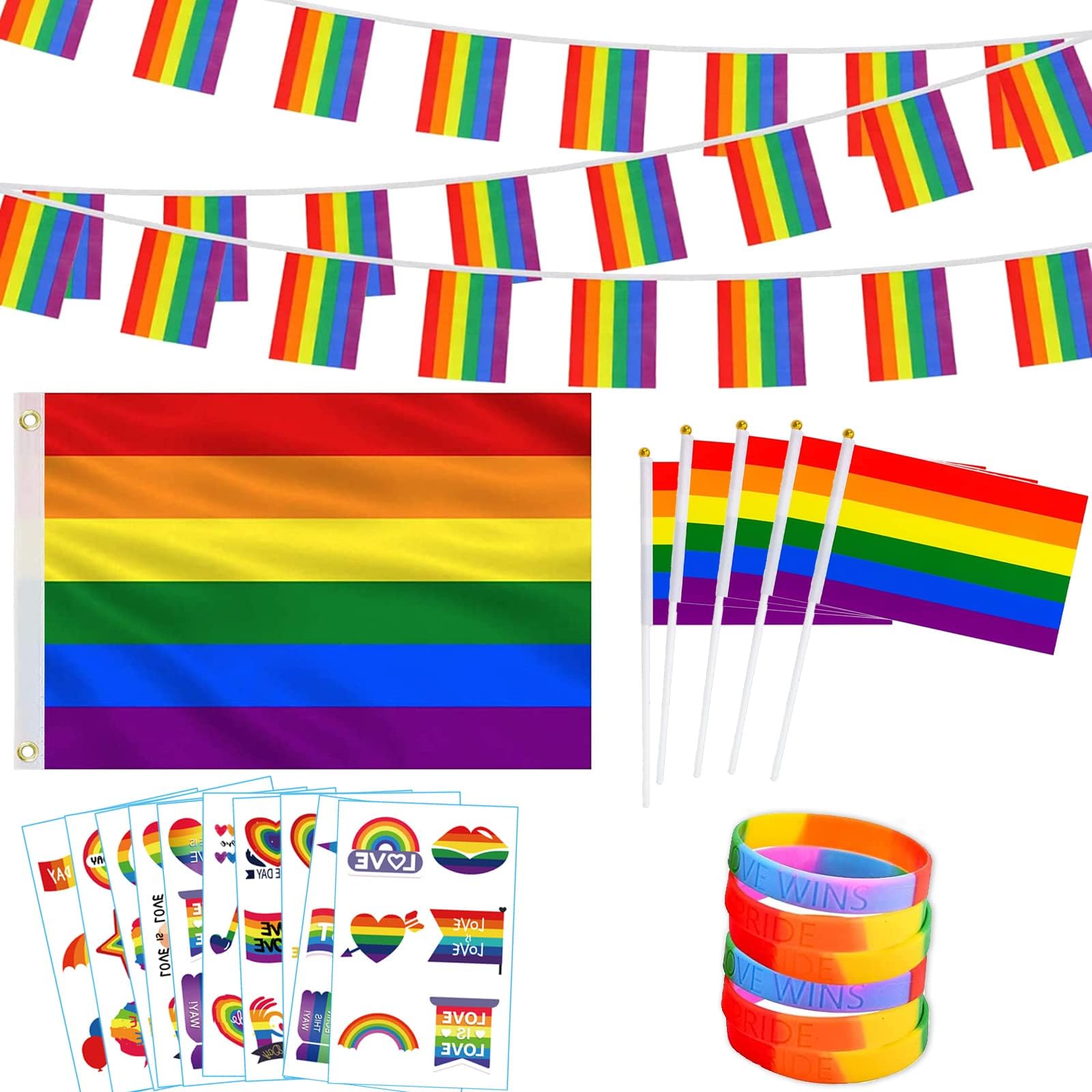 28 Pcs Pride Accessories, Gay Pride Decorations Rainbow Flag, Pride Flag Gay Pride Bracelet Pride Stickers Pride Bunting for Gay Pride Day Outdoor Bar Street Parade Pride Decorations