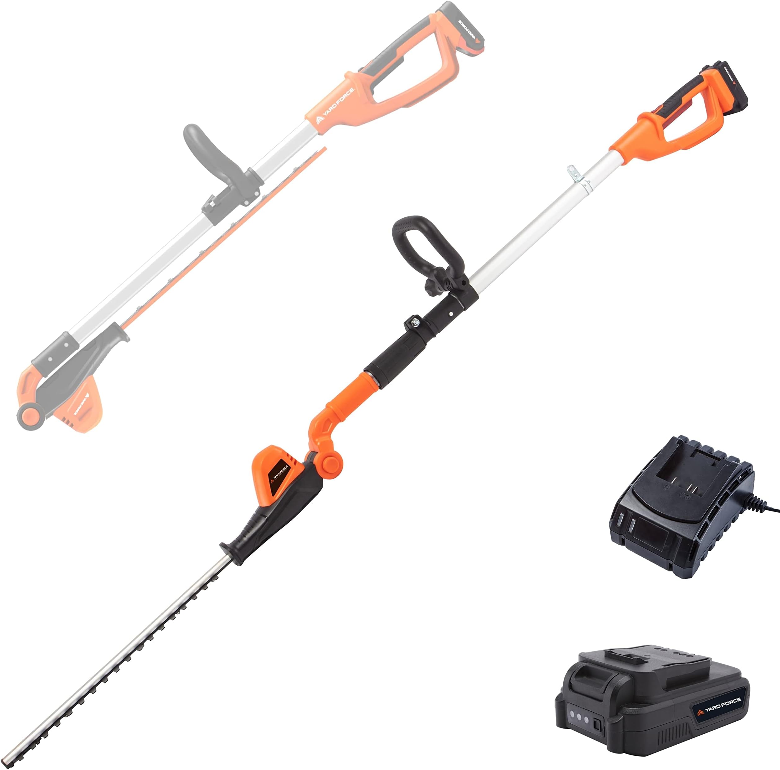 Yard Force 20V Cordless Pole Hedge Trimmer 41cm Dual Action Blade, 10-Position Pivot Head, Telescopic, Extendable 2.5m Reach, Lightweight for Tall Hedges. With 20V 2.5Ah Battery and Charger.