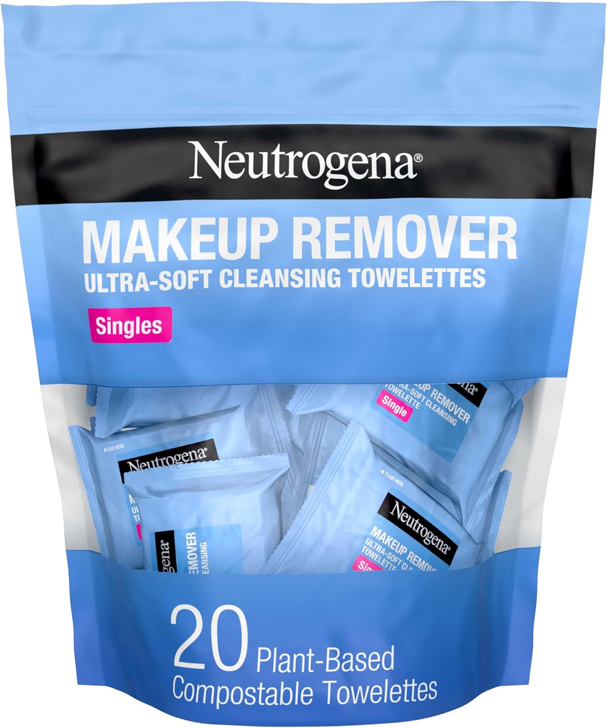 Neutrogena Makeup Remover Cleansing Towelette Singles, dagelijkse gezichtsdoekjes om vuil, olie, make-up en waterdichte mascara te verwijderen, individueel verpakt, 20 stuks