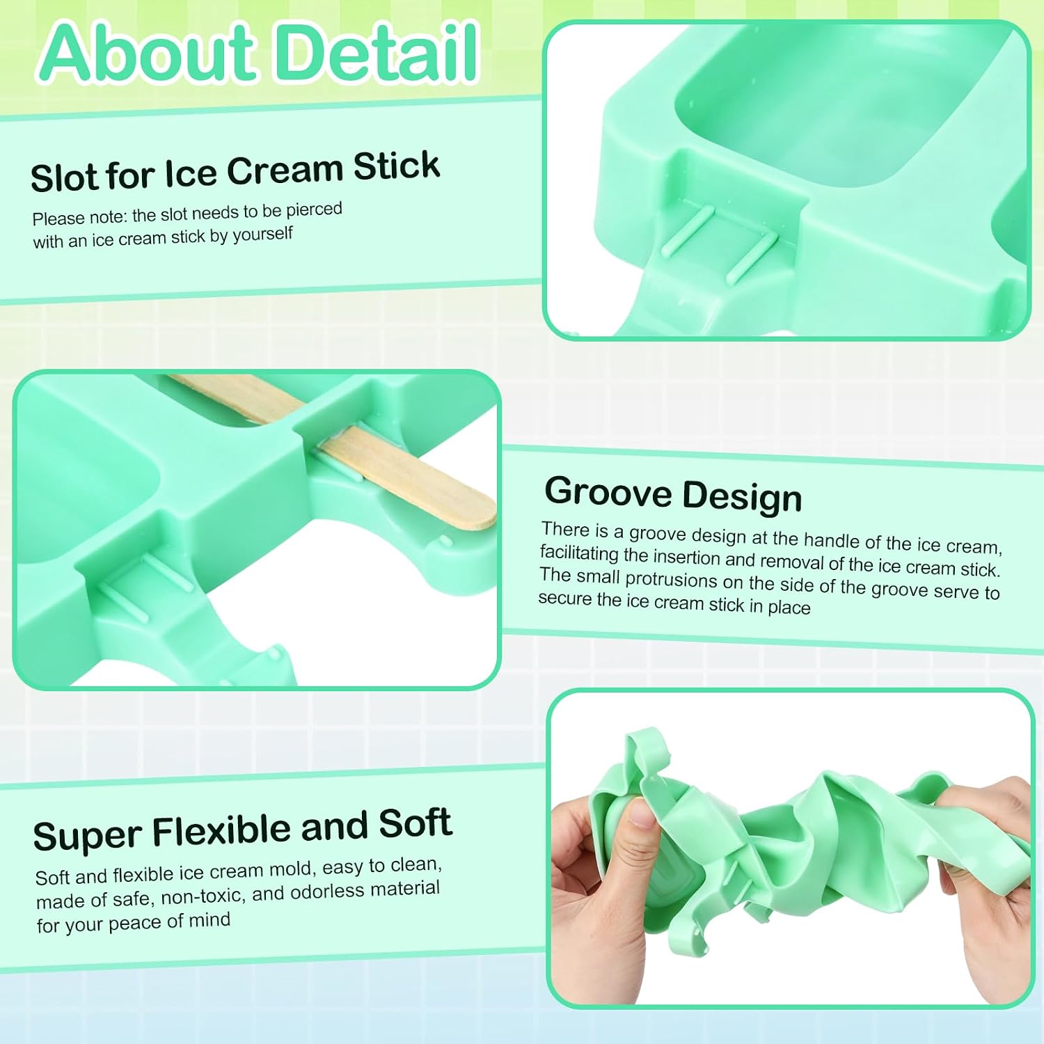 3 Set Small Silicone Popsicle Molds Ice Cream Mould 4 Cavity Ice Lolly Mold Oval Cake Pop Mould with 150 Pieces Wooden Sticks for DIY Cream Popsicle Cake, Pink Blue Green