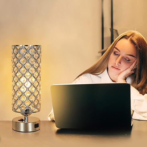 Miniatura 6 de Acaxin - Lámpara de mesa de cristal regulable de 3 vías con 2 puertos de carga USB de 177 pulgadas de alto con moderna pantalla lámpara de cama para