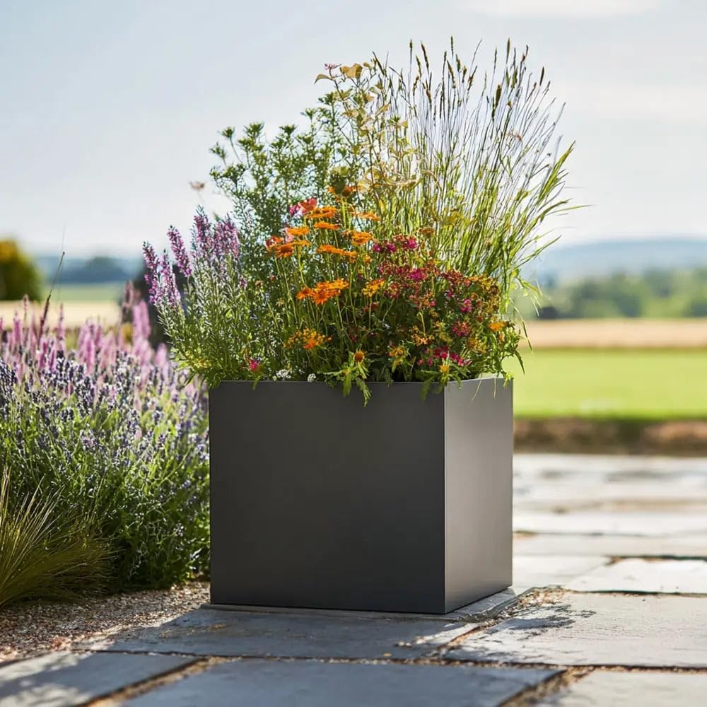 Tulipy Zinc Galvanised Square Planter with Liner | No Assembly Needed | Lightweight (Matte Grey, L50cm x W50cm x H50cm)