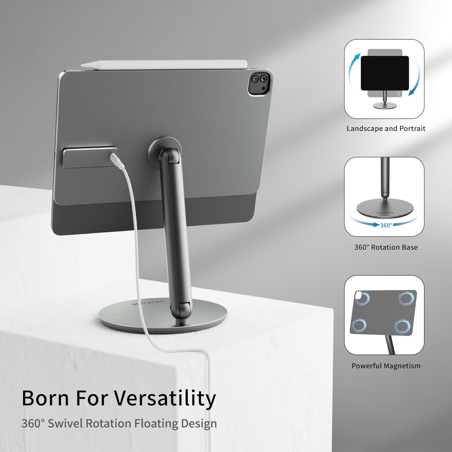 LULULOOK Magnetic Wireless Charging Stand for iPad Pro 11" M4 & M5, 360° Rotating Base with Anti-Slip Pad, Aluminium Alloy Foldable iPad Pro Stand Tablet Holder for Desk, USB C Cable Included