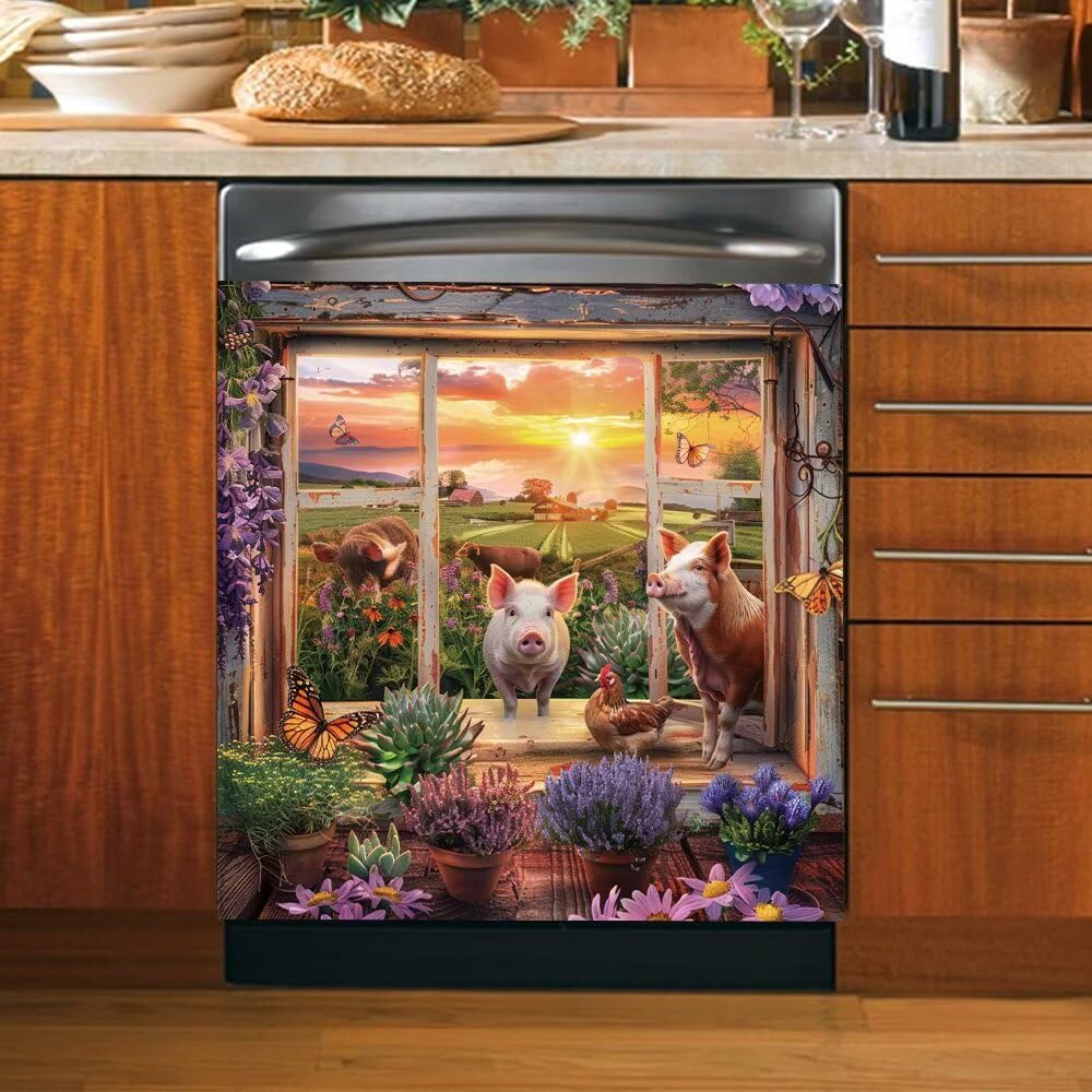 Pig Magnetic Dishwasher Cover,Farmhouse Dishwasher Magnet Cover for Kitchen Decorative,Farm Flowers Magnet Dishwasher Door Skin Panel Covers,Butterfly