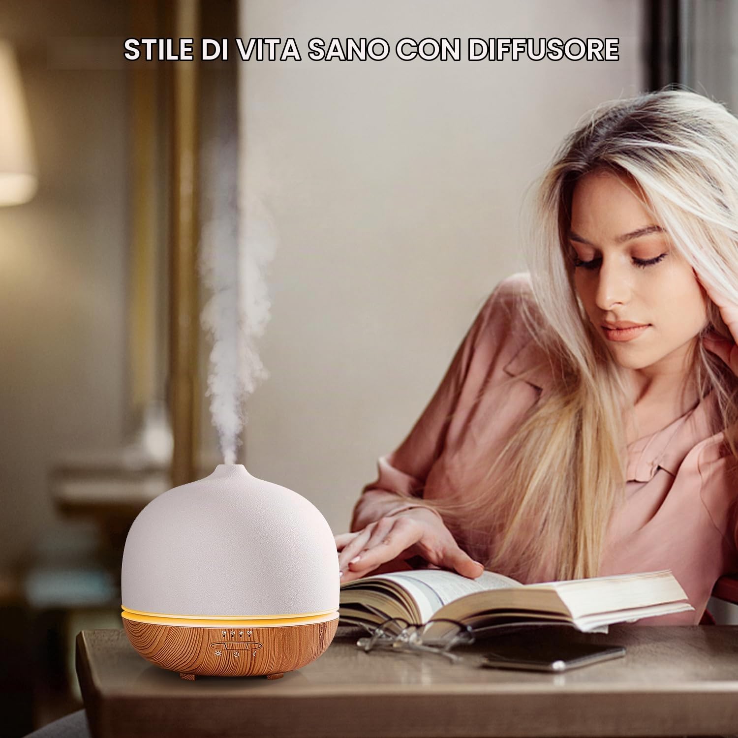 Diffusore in Ceramica 500ml a Ultrasuoni di Oli Essenziali - Impostazione Timer, 10 Colori LED, Senza BPA - per Camera da Letto e Soggiorno