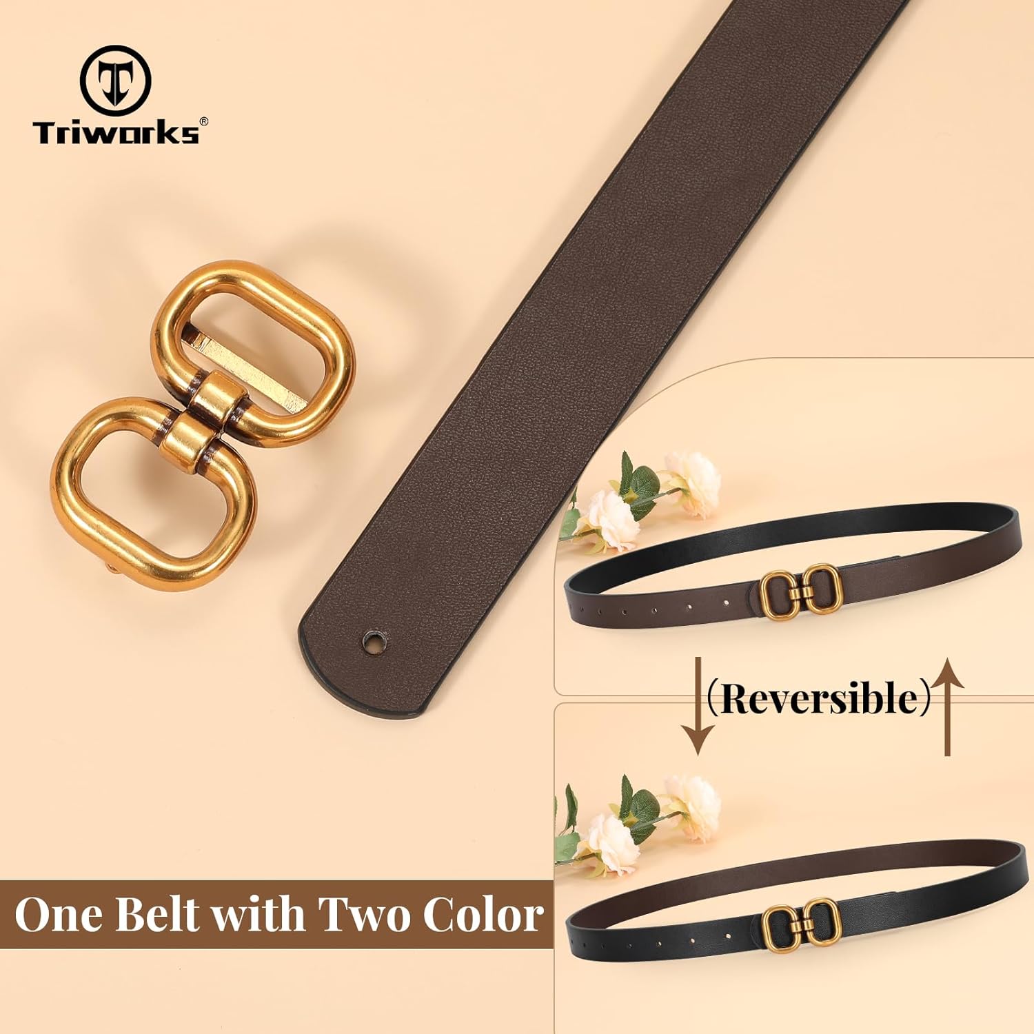 TRIWORKS Reversible Leather Belt for Women with Gold Buckle Ladies Leather Belt for Jeans Pants - Image 3