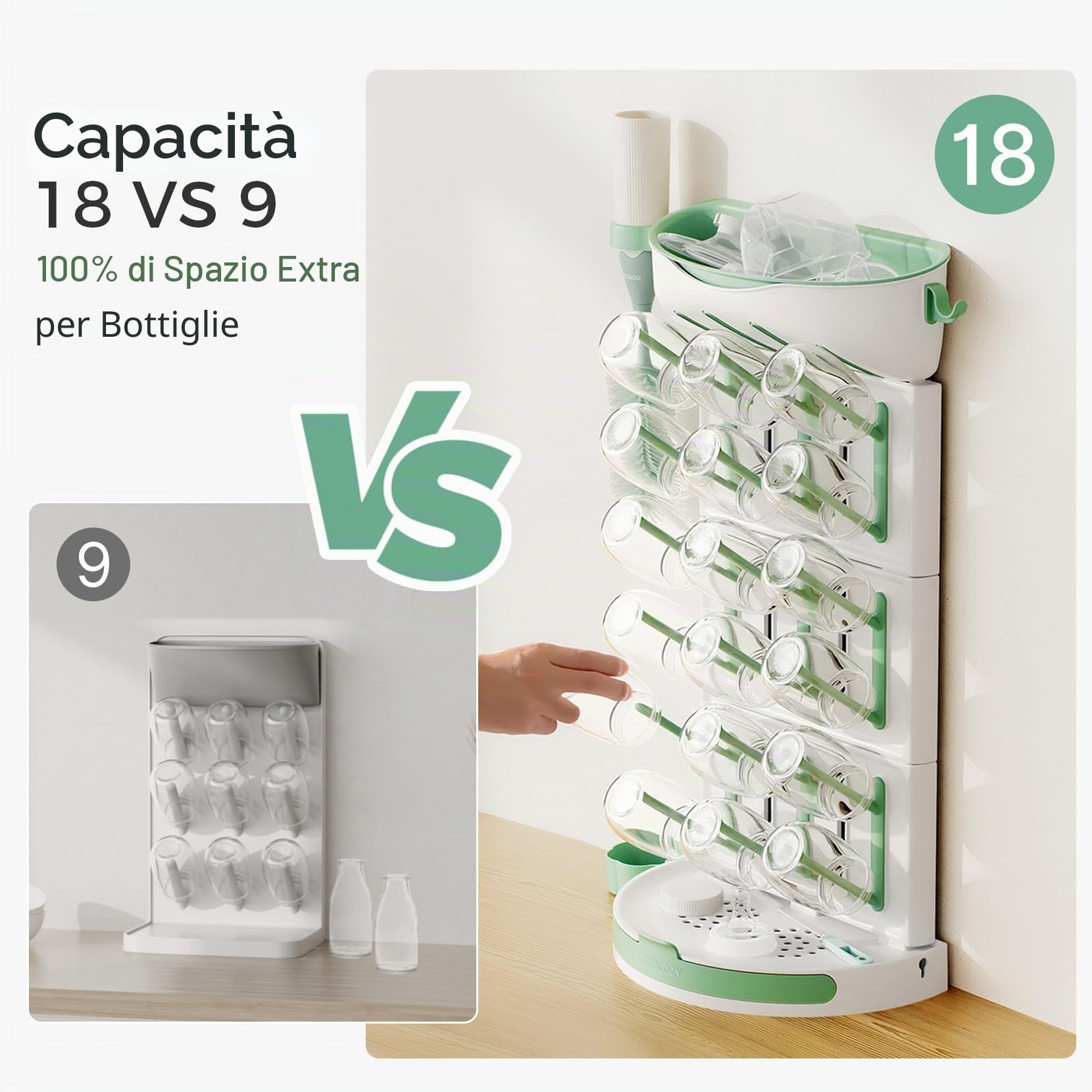 Momcozy Stendibiancheria verticale per biberon, grande capacità, 18 unità, design modulare compatto con portaspazzole integrato, asciugabottiglie per tettarelle, tiralatte e accessori