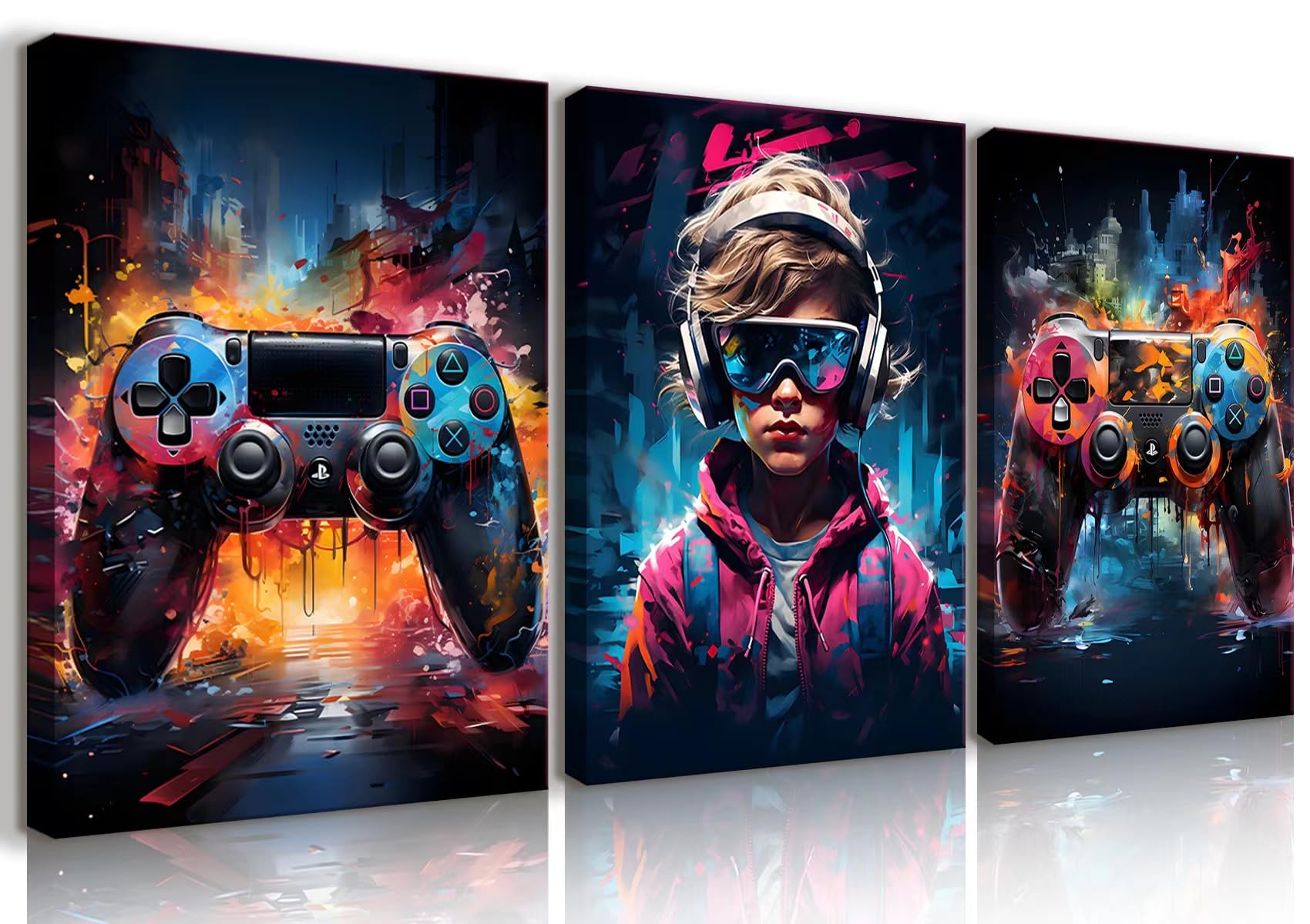 QGNBGBJ Pósteres enmarcados para videojuegos, graffiti a color, decoración de pared, audífonos, lienzo, arte de pared, imágenes de videojuegos, impresiones para adolescentes, niños, jóvenes, sala de