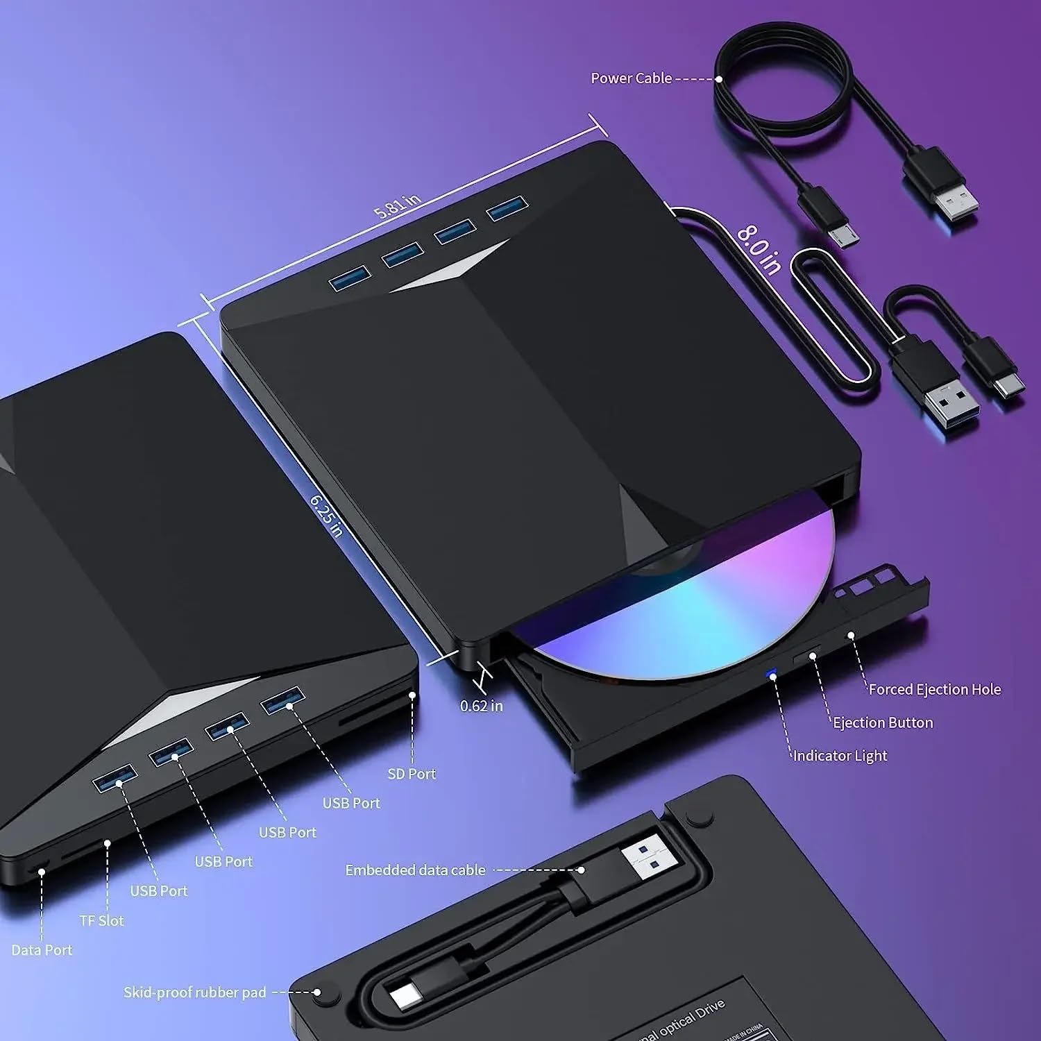 Odtwarzacz DVD, Wielofunkcyjny odtwarzacz DVD 7 w 1 USB 3.0 Type-C Zewnętrzna nagrywarka CD RW z interfejsem SD/TF