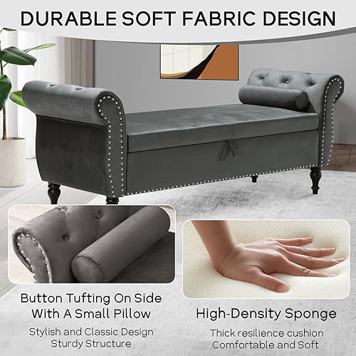 Miniatura 19 de NIOIIKIT Banco otomano de almacenamiento de 63 pulgadas, de piel sintética, banco de entrada con botones, sofá otomano armado enrollado, banco largo