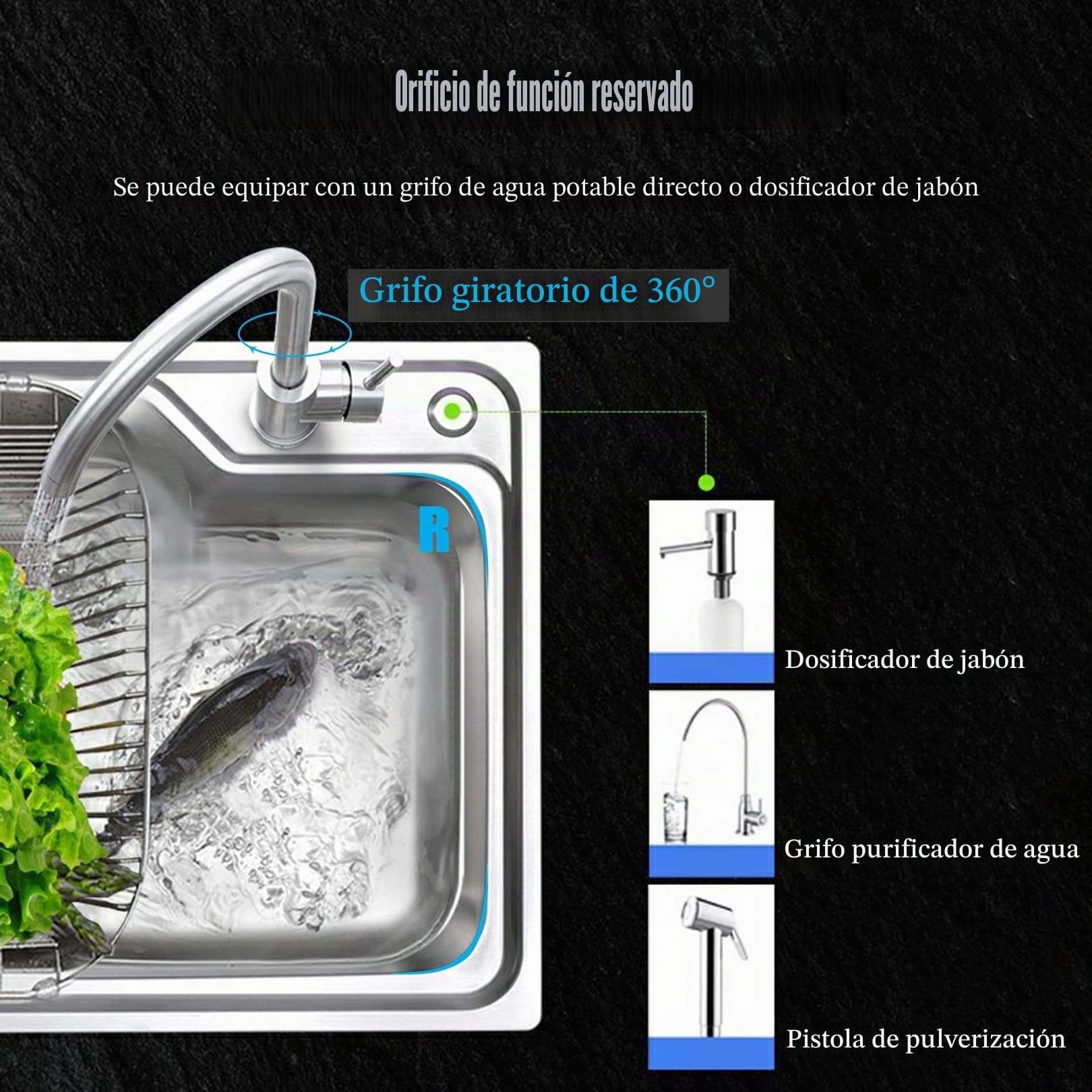Fregadero de Acero Inoxidable de Un Seno Con Grifo y Escurridor - Pie Libre Para Garaje, Restaurante, Cocina, Cuarto de Lavado, Interior y Exterior (C)