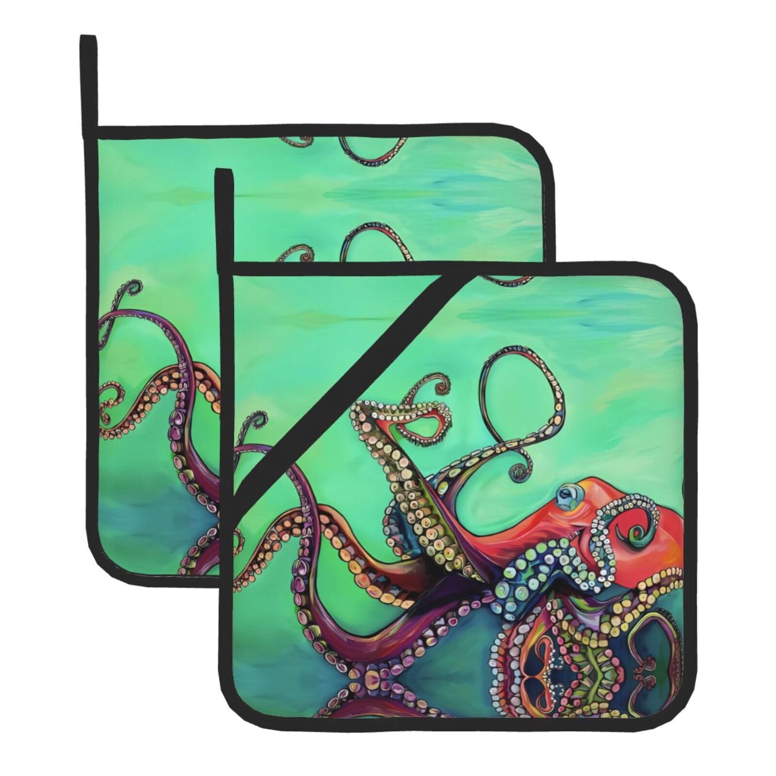 WHJSHOP cute octopus Prints Square Hot Pads for Kitchen - Waterproof Pot Covers with Hanging Loops - Thick Heat Resistant Trivets for Serving & BBQ, 2-Piece Set