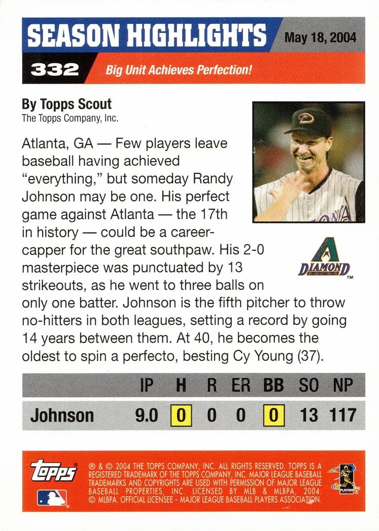 Amazon.com: 2005 Topps Baseball #332 Randy Johnson Throws Perfect