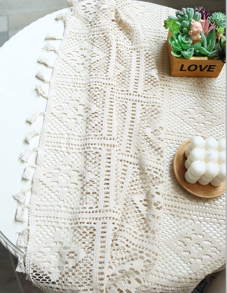 HeichkelL Vintage Spitzentischdecke Quaste Tischdecke Quadratisch Häkelspitze Deckchen Lace Tischtuch Hochzeit Küche Party Dekor Beige 140 x 250 cm