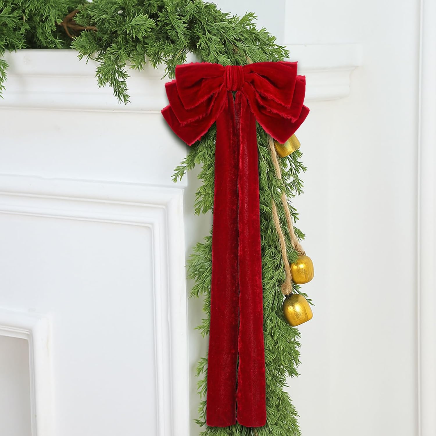 6 Pcs Large Velvet Bows for Christmas Tree 19.7" x 10.6" Velvet Ribbon Bows Ornament Christmas Swag Wreath Staircase Bow Vintage Raw Edges Tree Topper for Home Decor(Burgundy,Three-ear Style)