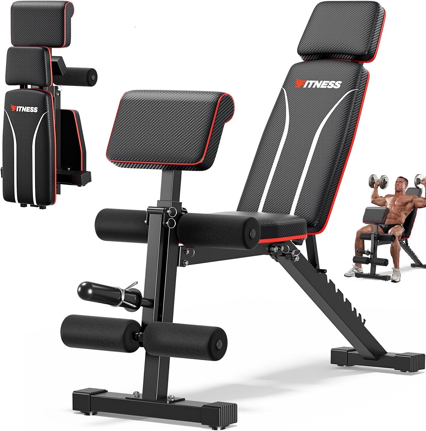 XDDIAS Hantelbank Klappbar mit Beinstrecker und Preacher-Curl-Polster, Verstellbar Trainingsbank für das Heim-Fitnessstudio, Faltbare Trainingsbank, Schnell Zusammenklappbare Neigung/Neigung