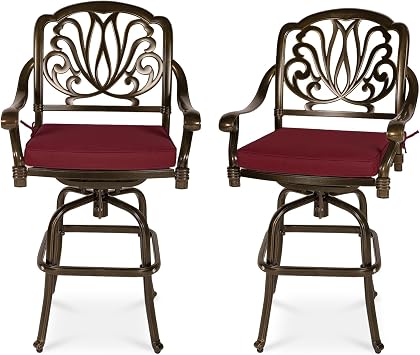 VIVIJASON 2-Piece Patio Swivel Bar Stools, All-Weather Cast Aluminum Bar Height Bistro Chairs with Seat Cushion, Outdoor Furniture Bar Dining Chair Set for Deck, Lawn, Garden, Backyard, Red Cushion