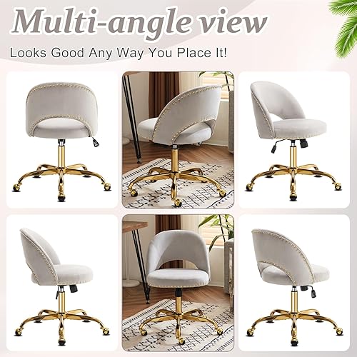 Vista 35 de VINGLI Silla de oficina pequeña de terciopelo moderna, bonita silla de escritorio con ruedas, base dorada/tachuelas, cómoda silla giratoria sin Beige
