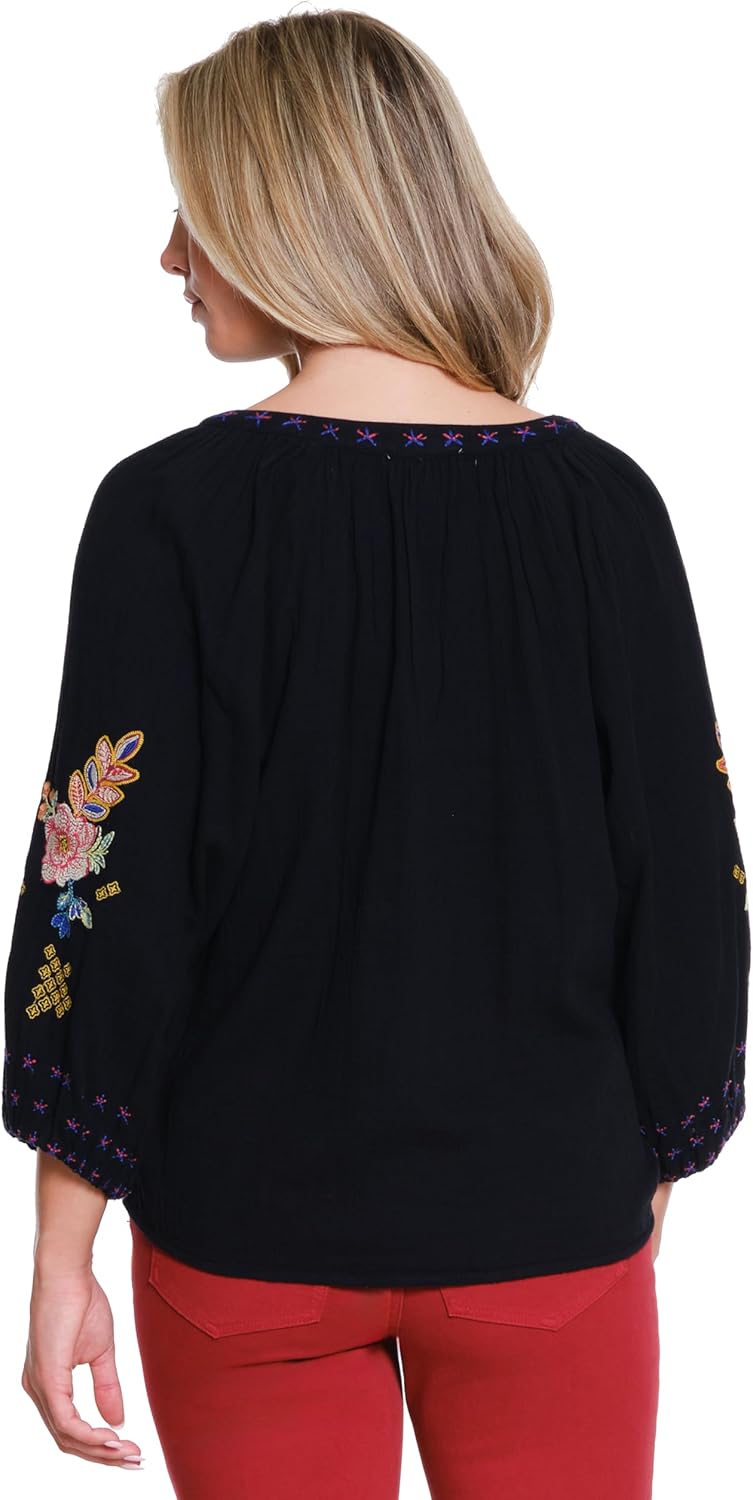 Embroidered Split Neck Top, Black, S - Image 3