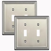 Metal Outlet Covers Wall Plates, Satin Nickel Beadboard Switch Plate Cover, Receptacle Light Switch Covers, Decorative Electrical Outlet Cover 2 Gang Toggle 2 Pack