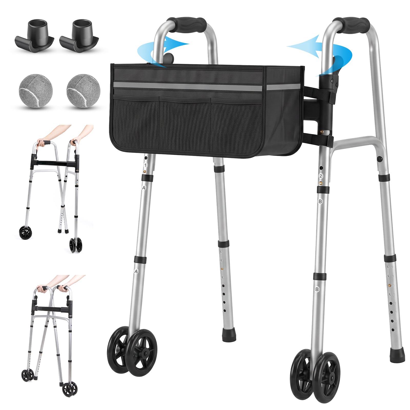 Folding Walker for Seniors with Reflective Strip Basket for Seniors Elderly