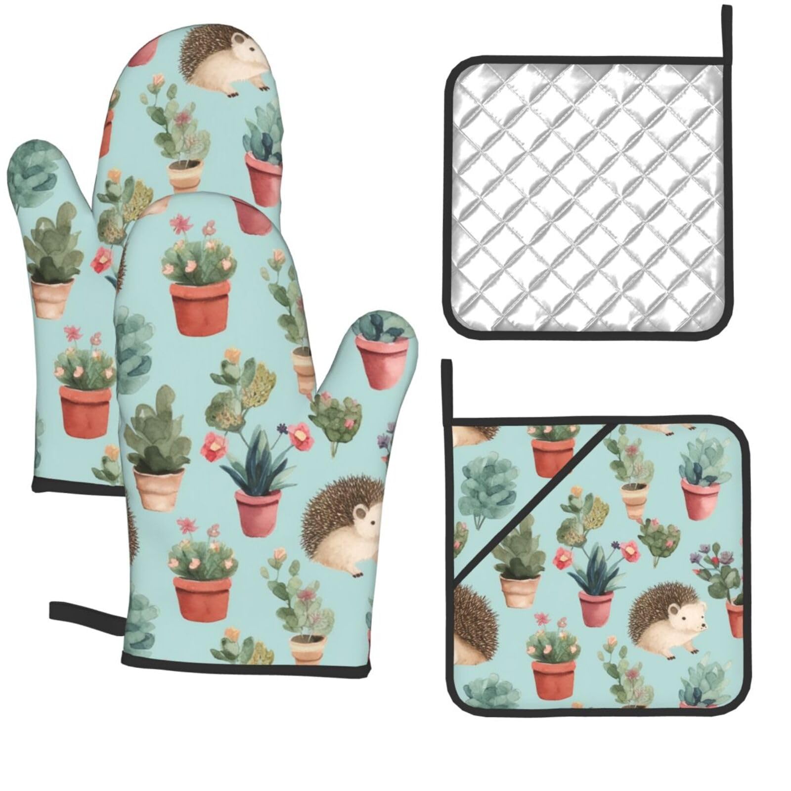4 Pcs Oven Mitts and Pot Holders Set Kitchen Oven Gloves Heat Resistant Potholders Non-Slip Hot Pads Hedgehog Potted Flower Oven Mits for Cooking Baking Grilling