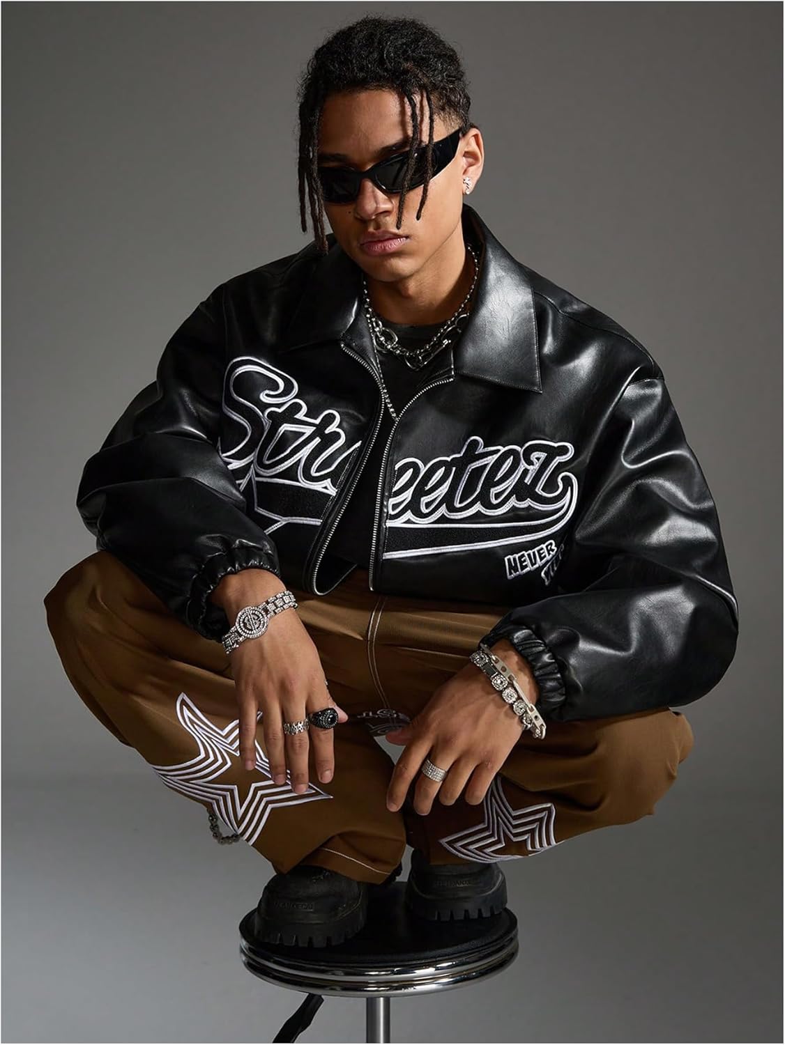 Men's Letter Graphic Leather Jacket Zip Up Long Sleeve Motorcycle Jackets Outerwear with Pocket - Image 3